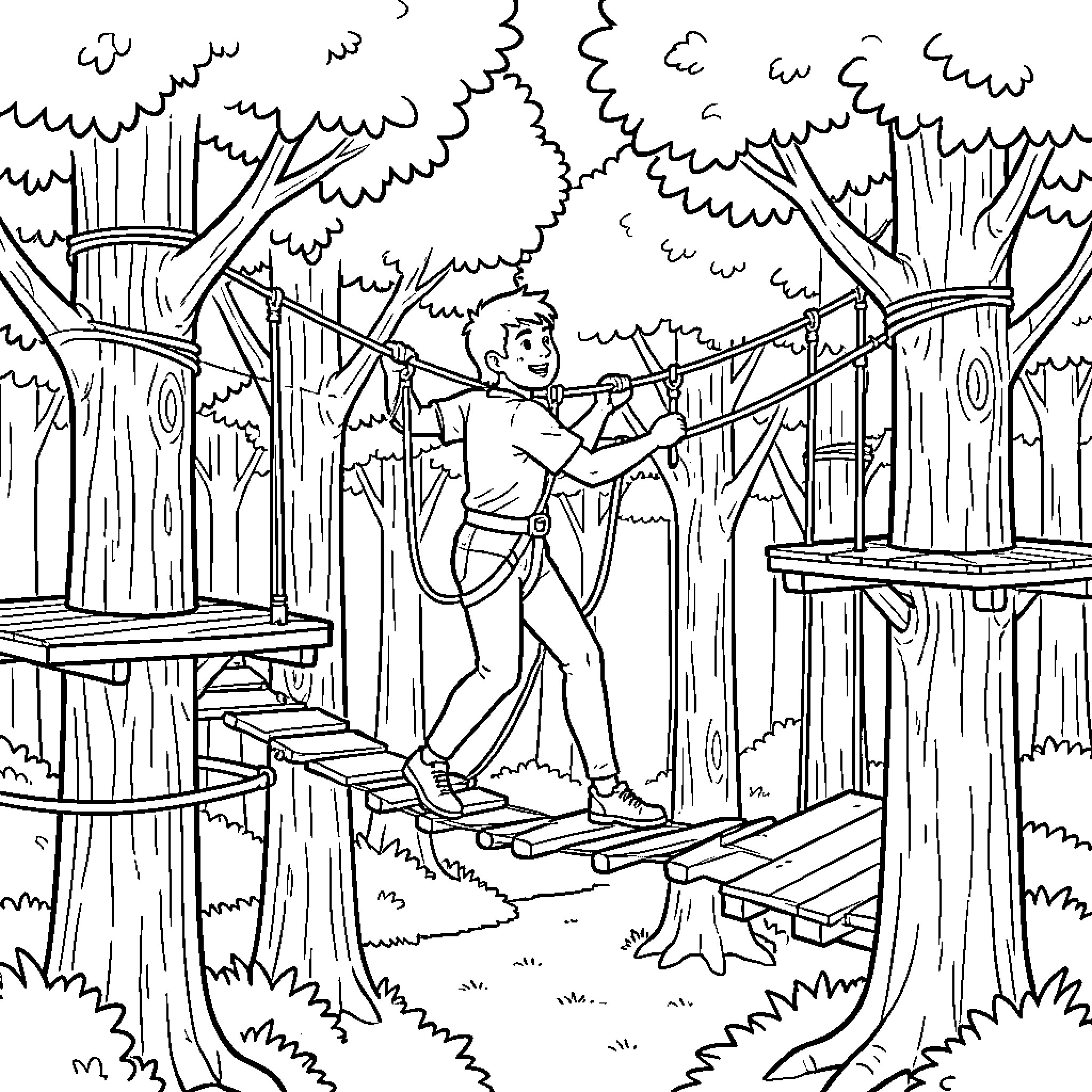 Ruben walking across a wooden rope bridge Coloring Page (free black-and-white line drawing printable PDF for all, from beginners to advanced learners, including children, teens, adults, and seniors)