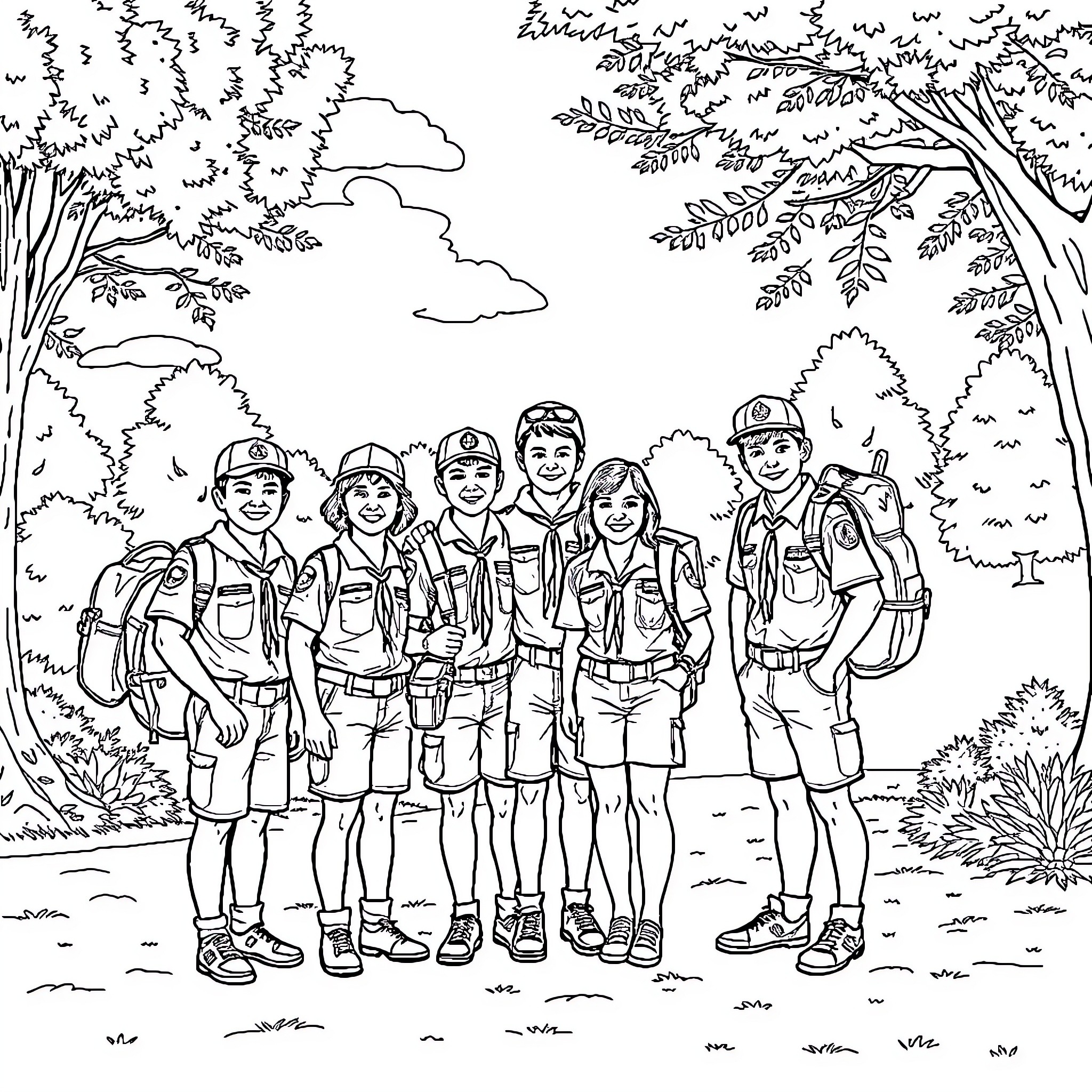 Scout group hiking through the forest Coloring Page (free black-and-white line drawing printable PDF for all, from beginners to advanced learners, including children, teens, adults, and seniors)