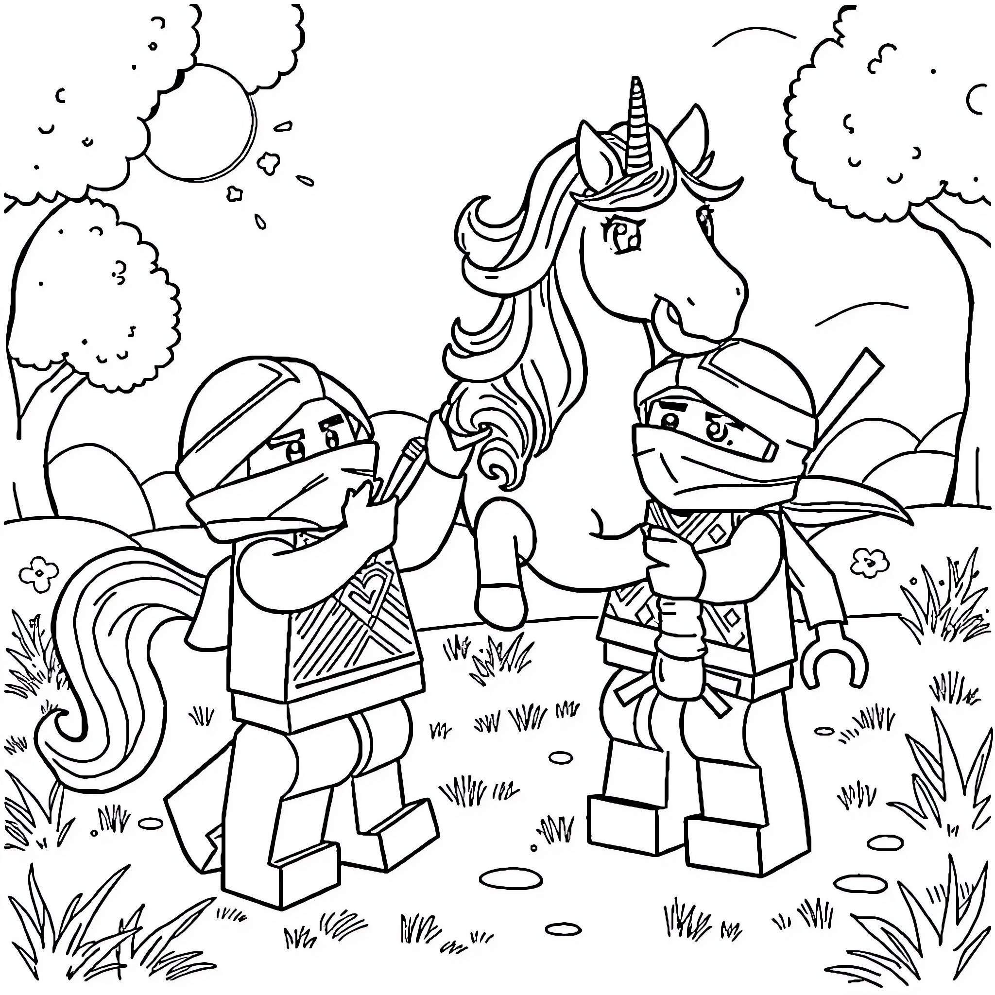 Ninjago characters exploring a magical unicorn world Coloring Page (free black-and-white line drawing printable PDF for all, from beginners to advanced learners, including children, teens, adults, and seniors)