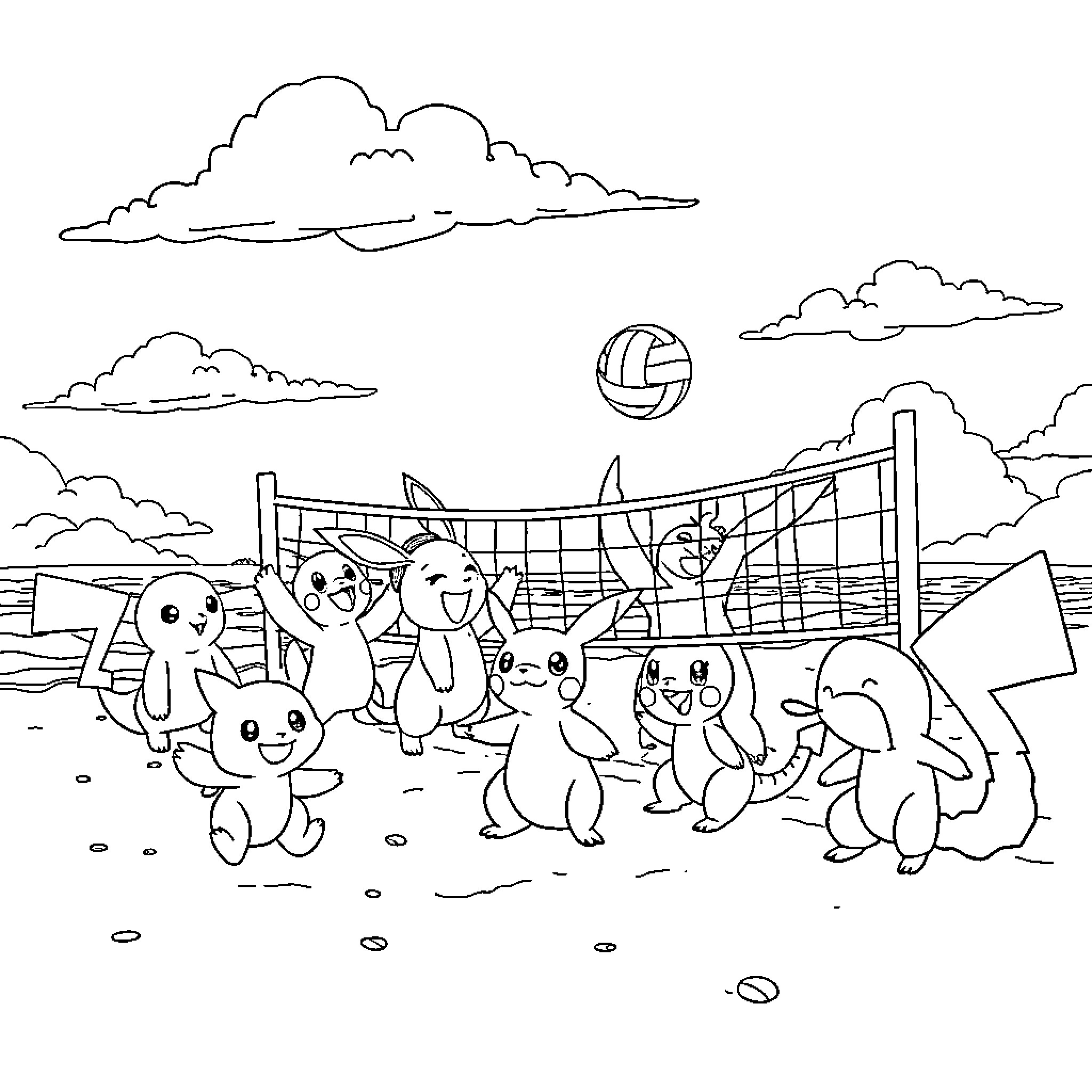 Pokémon Playing Volleyball on the Beach Coloring Page (free black-and-white line drawing printable PDF for all, from beginners to advanced learners, including children, teens, adults, and seniors)
