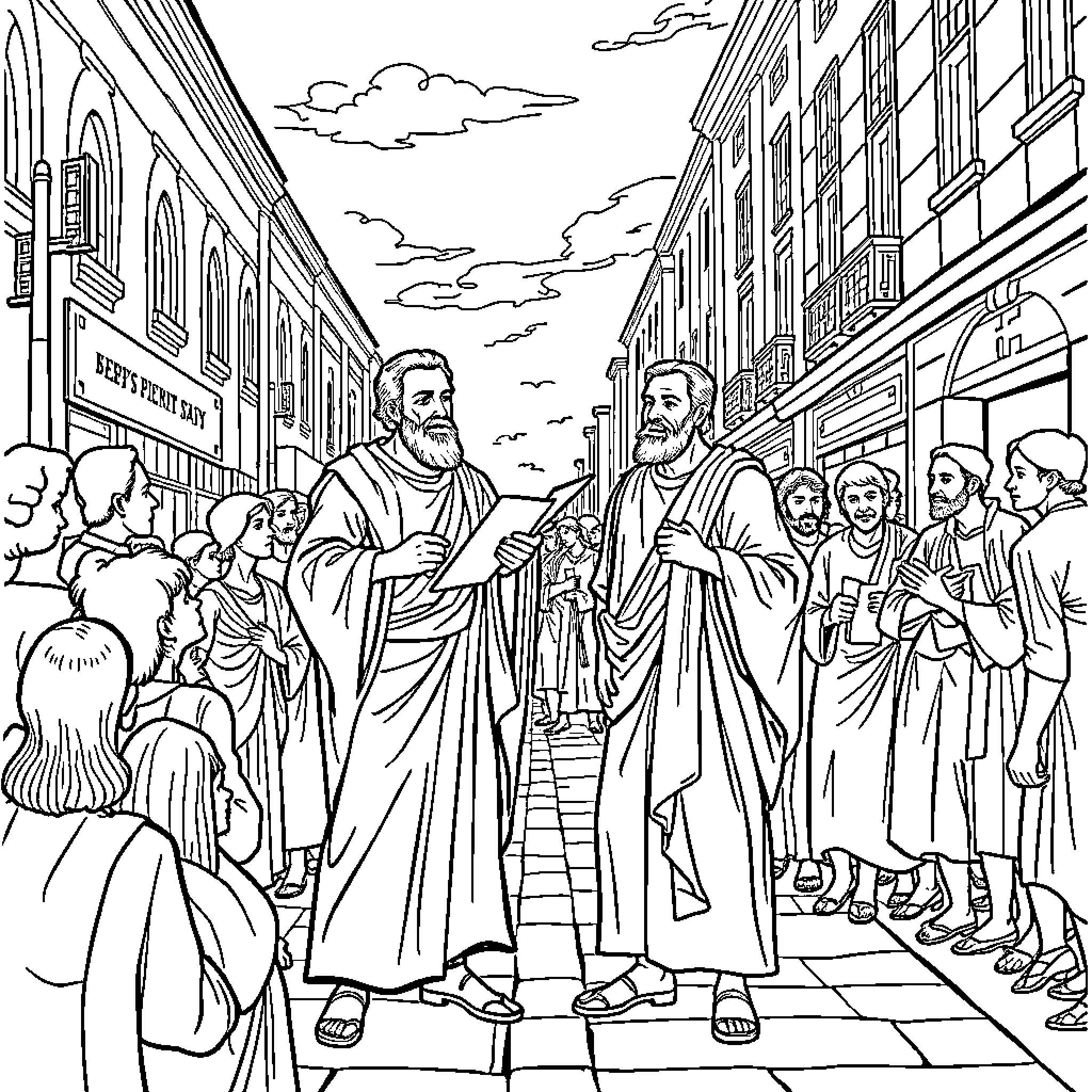 Peter and Paul Preaching in the City Market Coloring Page (free black-and-white line drawing printable PDF for all, from beginners to advanced learners, including children, teens, adults, and seniors)