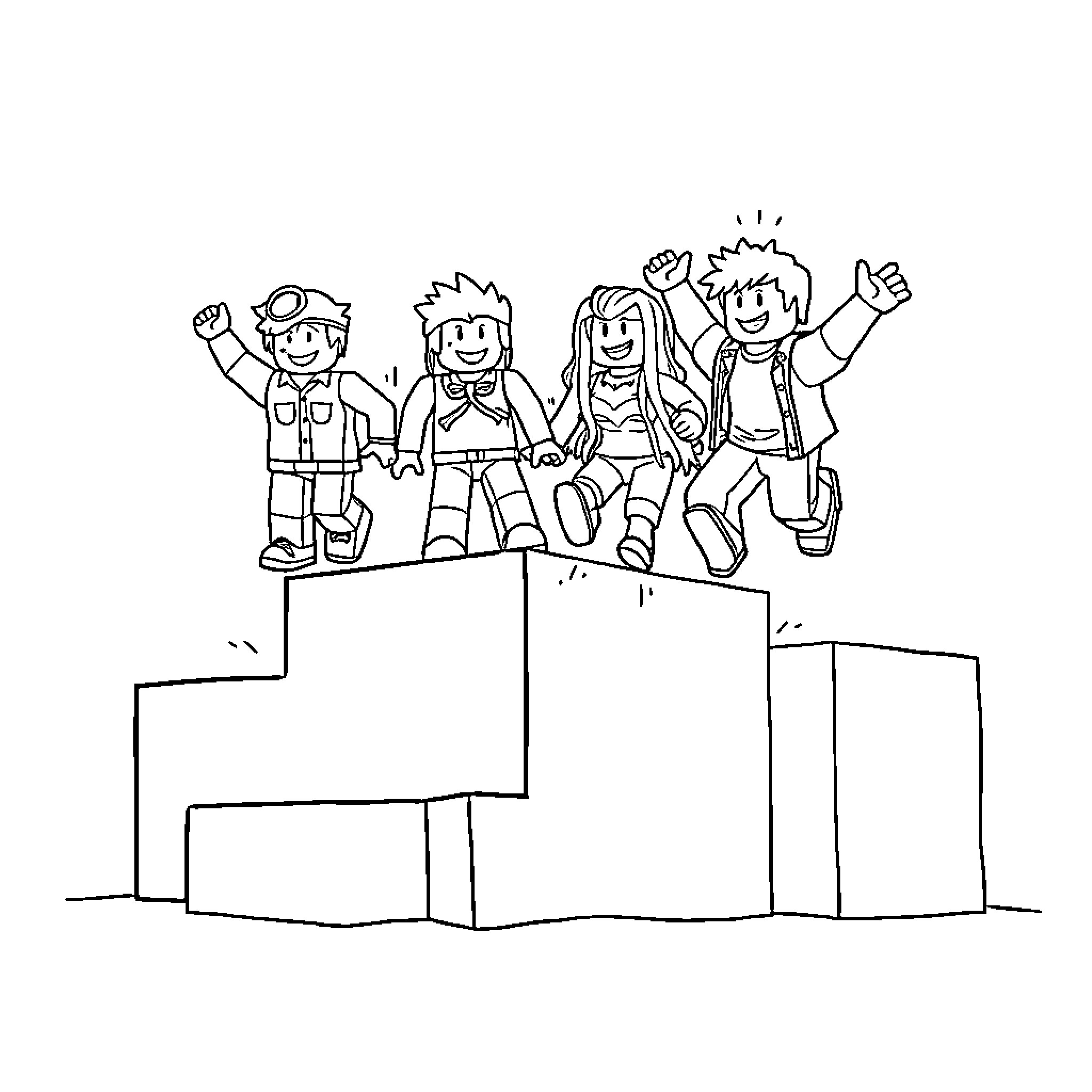 Roblox Character Group Celebrating on Top of Structures Coloring Page (free black-and-white line drawing printable PDF for all, from beginners to advanced learners, including children, teens, adults, and seniors)