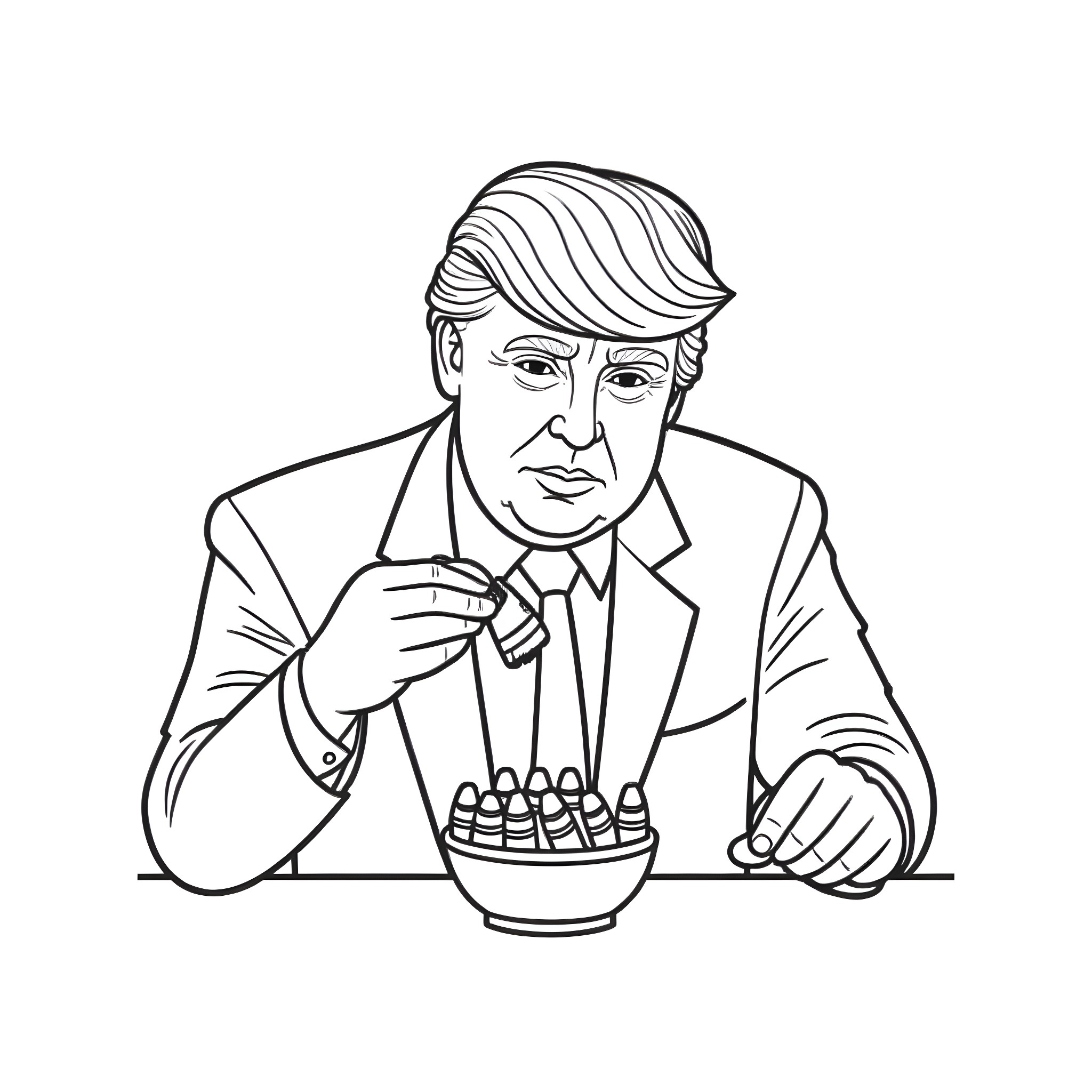 Donald Trump Eating Fast Food at His Desk Coloring Page (free black-and-white line drawing printable PDF for all, from beginners to advanced learners, including children, teens, adults, and seniors)