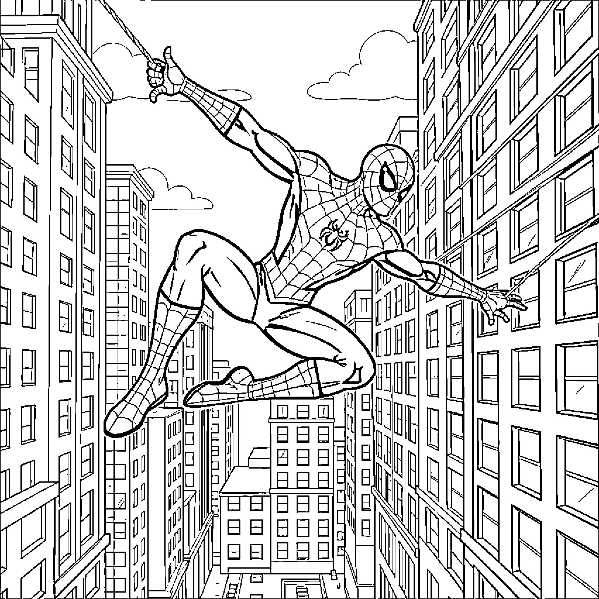 Spider-Man swinging through the city skyscrapers Coloring Page (free black-and-white line drawing printable PDF for all, from beginners to advanced learners, including children, teens, adults, and seniors)