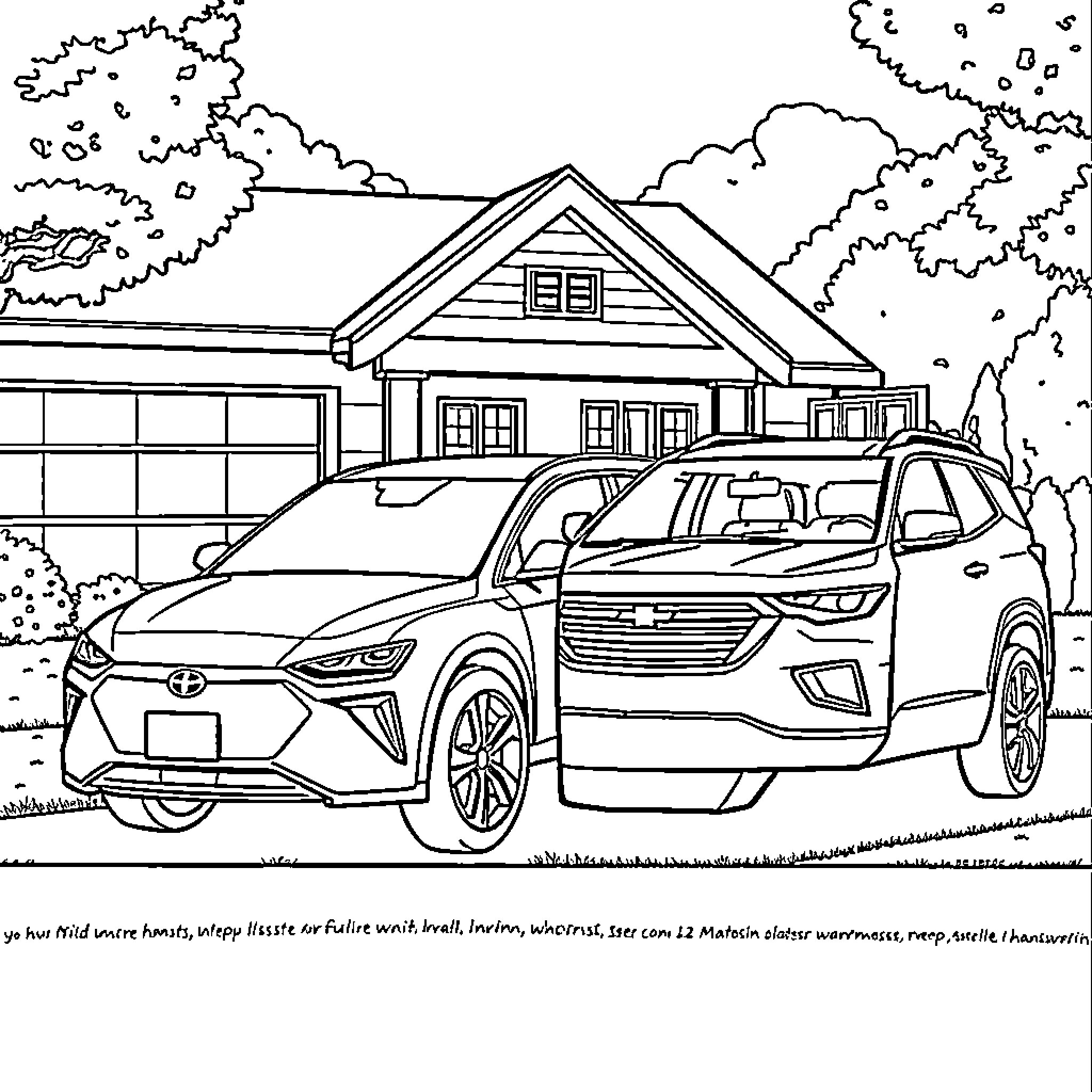 Car parked in front of residential house Coloring Page (free black-and-white line drawing printable PDF for all, from beginners to advanced learners, including children, teens, adults, and seniors)