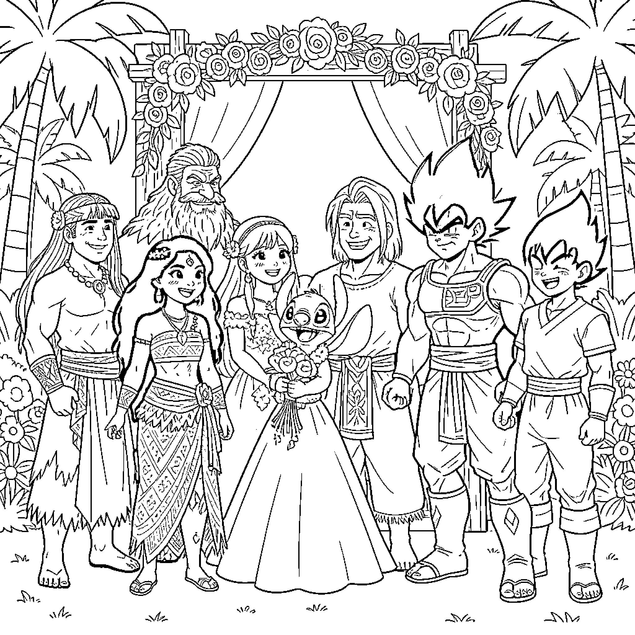 Characters celebrating a wedding ceremony in a tropical setting Coloring Page (free black-and-white line drawing printable PDF for all, from beginners to advanced learners, including children, teens, adults, and seniors)