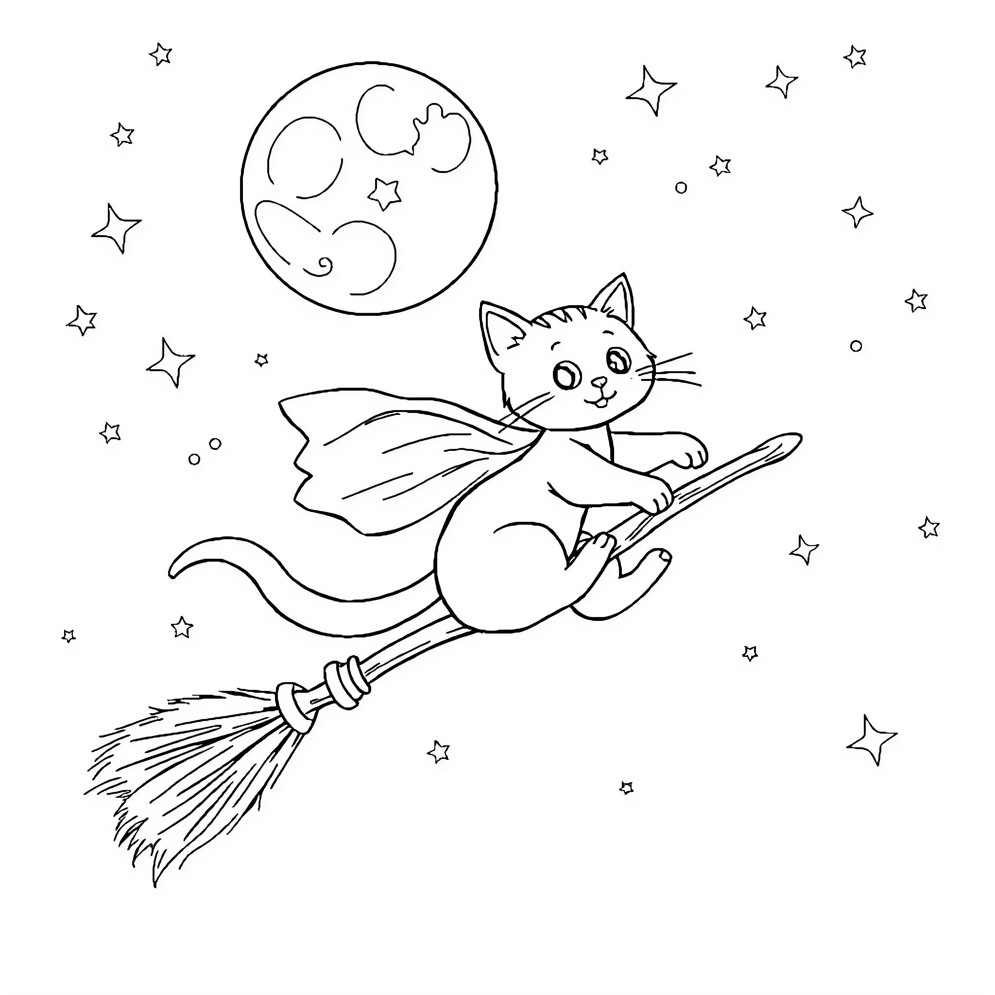 Cat flying on a broomstick among the stars Coloring Page (free black-and-white line drawing printable PDF for all, from beginners to advanced learners, including children, teens, adults, and seniors)