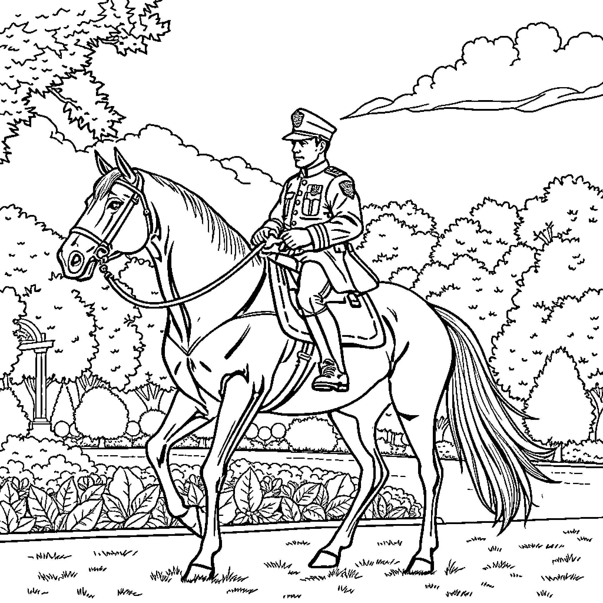 Police Officer Riding Horse in Outdoor Scene Coloring Page (free black-and-white line drawing printable PDF for all, from beginners to advanced learners, including children, teens, adults, and seniors)