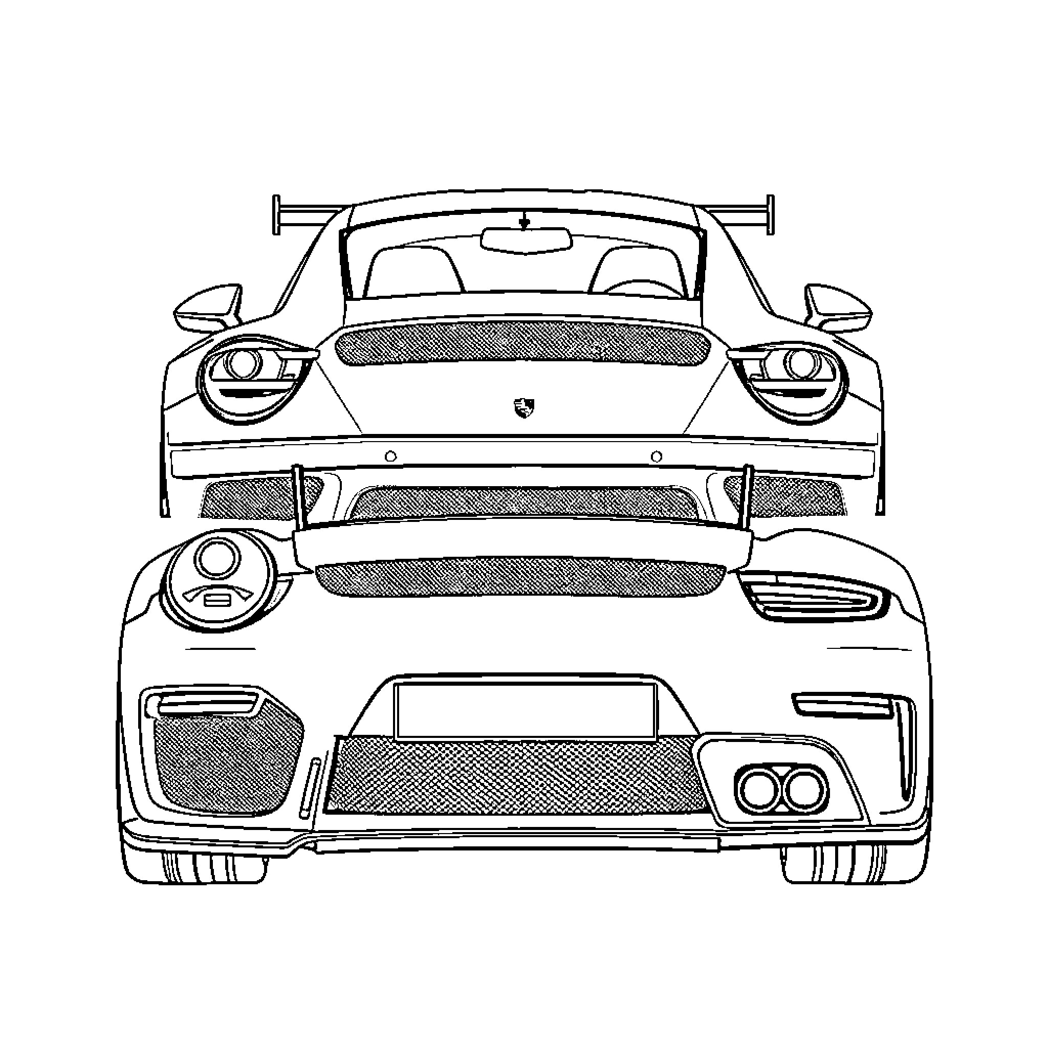 Porsche sports car with aerodynamic design Coloring Page (free black-and-white line drawing printable PDF for all, from beginners to advanced learners, including children, teens, adults, and seniors)