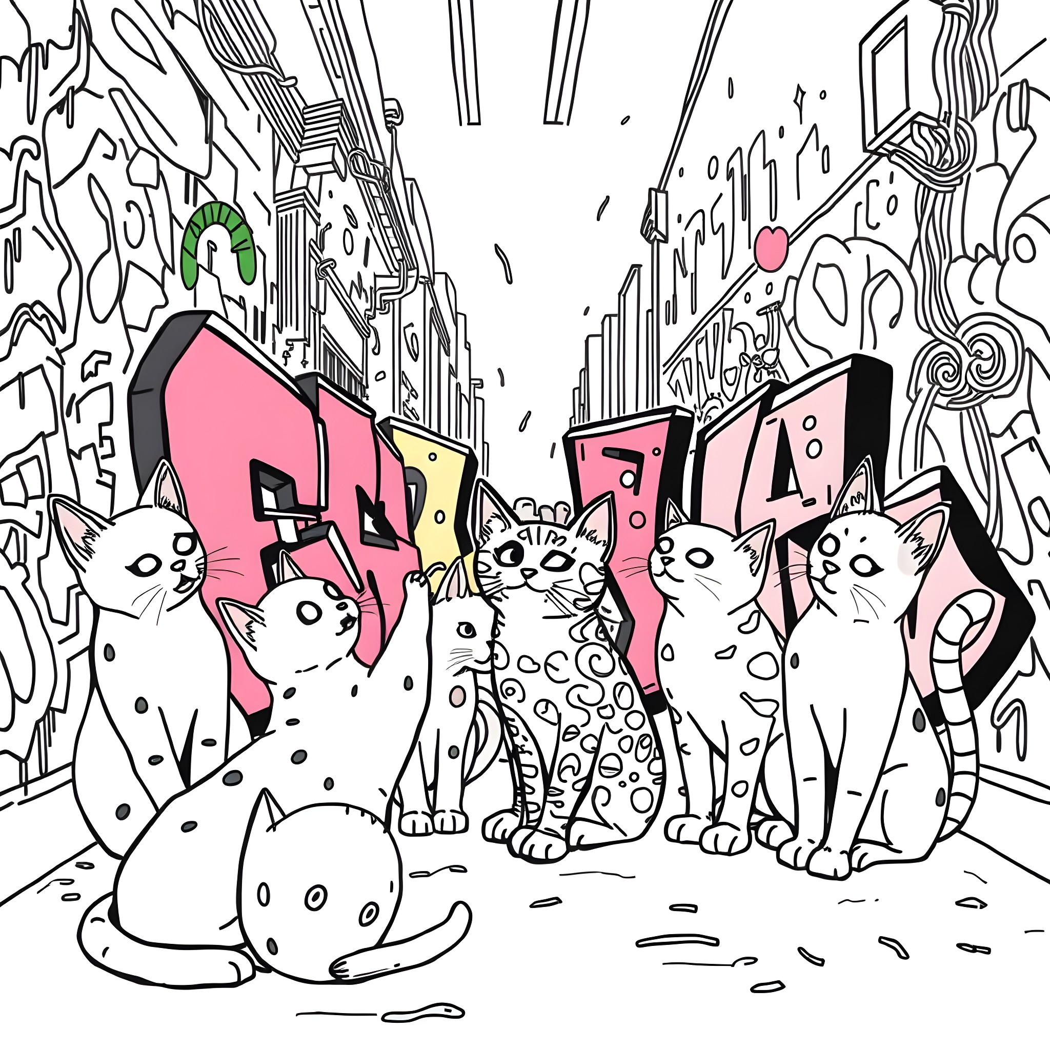 Cats in a colorful graffiti-filled city Coloring Page (free black-and-white line drawing printable PDF for all, from beginners to advanced learners, including children, teens, adults, and seniors)