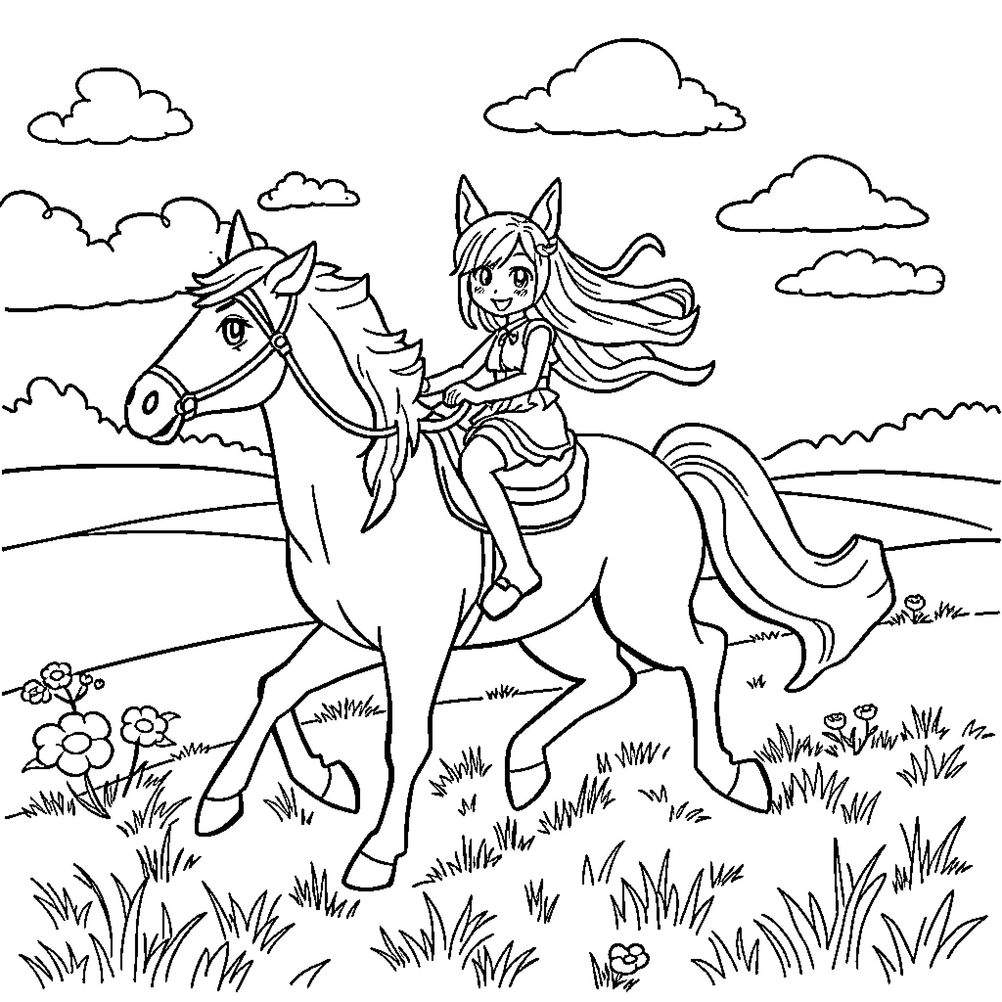 Horse and Girl in Scenic Landscape Coloring Page (free black-and-white line drawing printable PDF for all, from beginners to advanced learners, including children, teens, adults, and seniors)