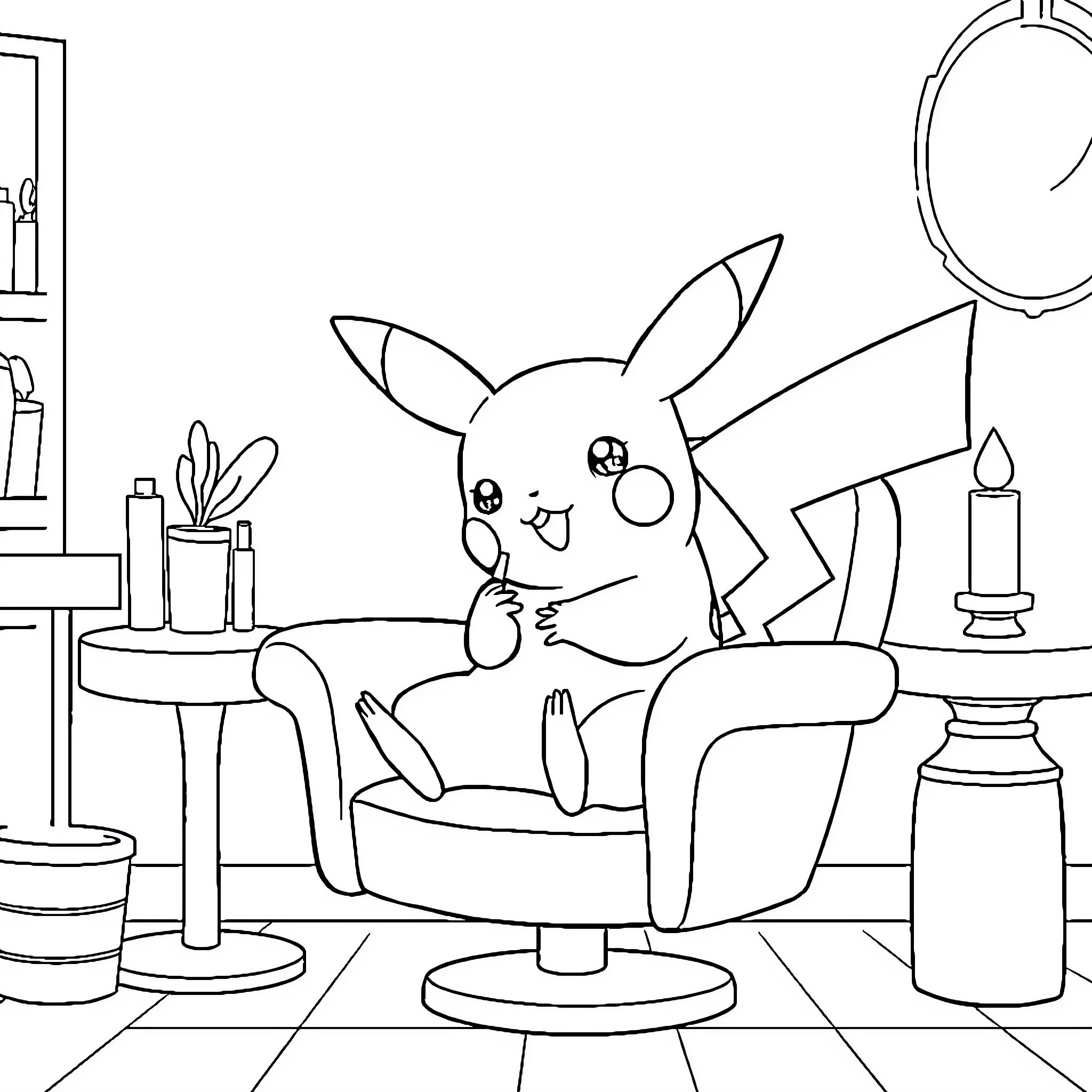 Pikachu enjoying a relaxing day at home Coloring Page (free black-and-white line drawing printable PDF for all, from beginners to advanced learners, including children, teens, adults, and seniors)