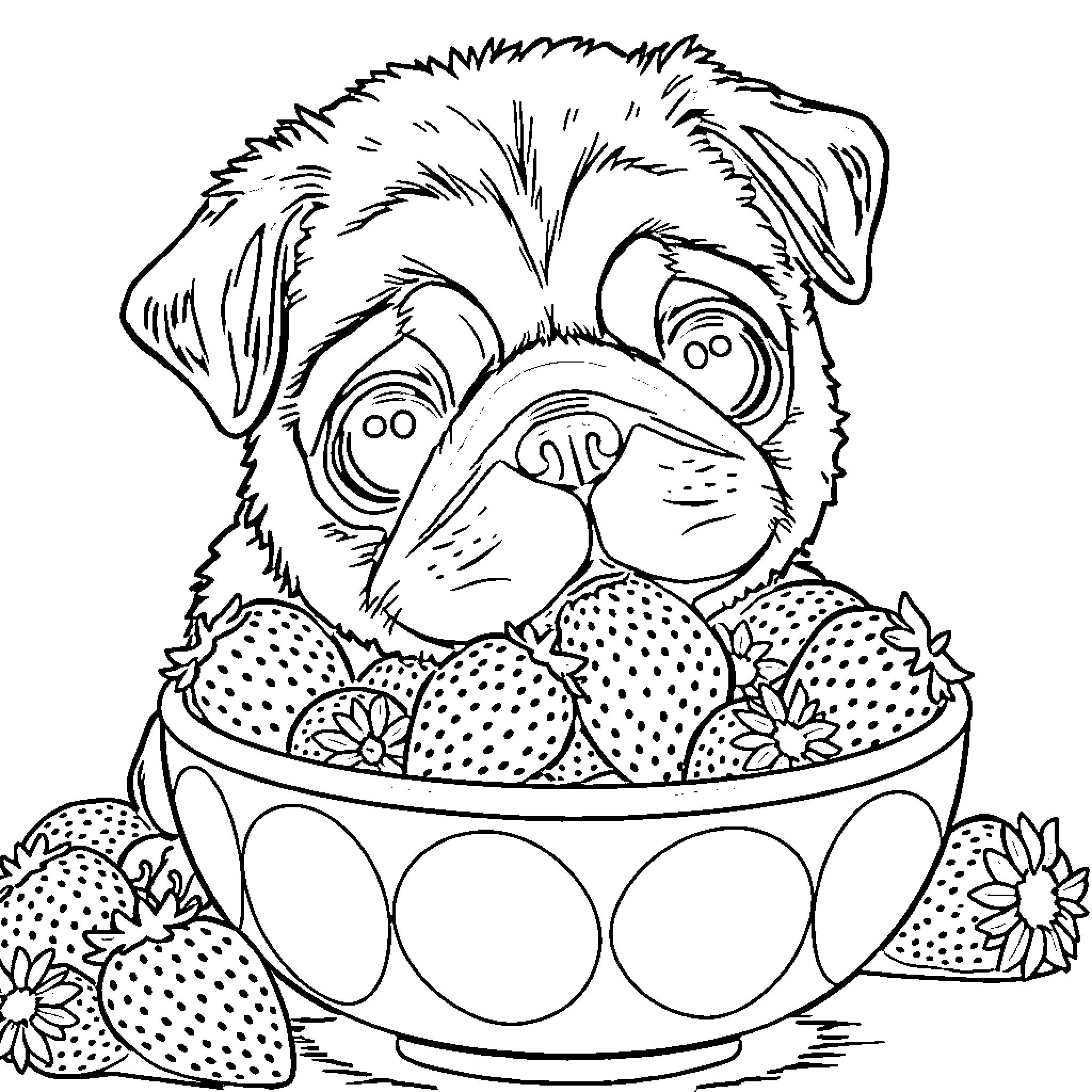 Pug with a bowl of strawberries Coloring Page (free black-and-white line drawing printable PDF for all, from beginners to advanced learners, including children, teens, adults, and seniors)