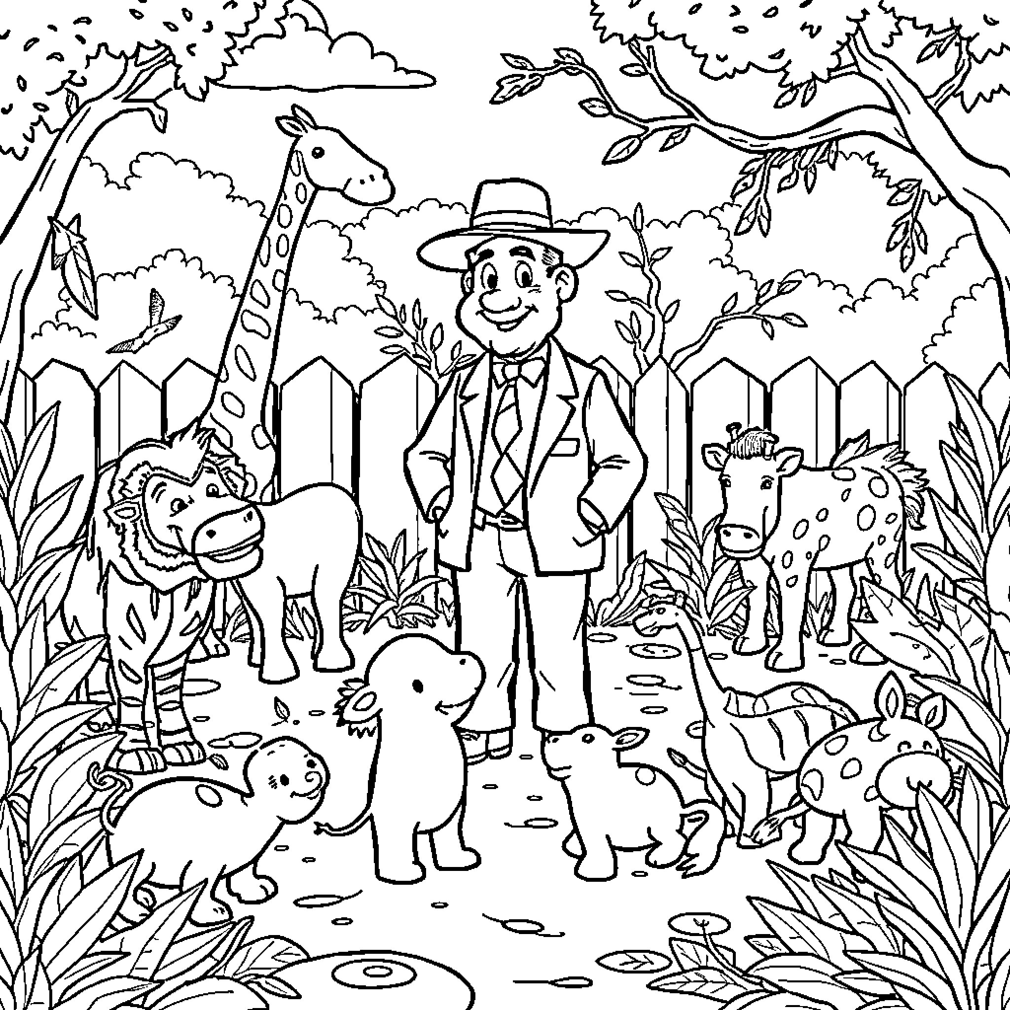 Zoo Animal Keeper Enjoying Nature with Animals Coloring Page (free black-and-white line drawing printable PDF for all, from beginners to advanced learners, including children, teens, adults, and seniors)