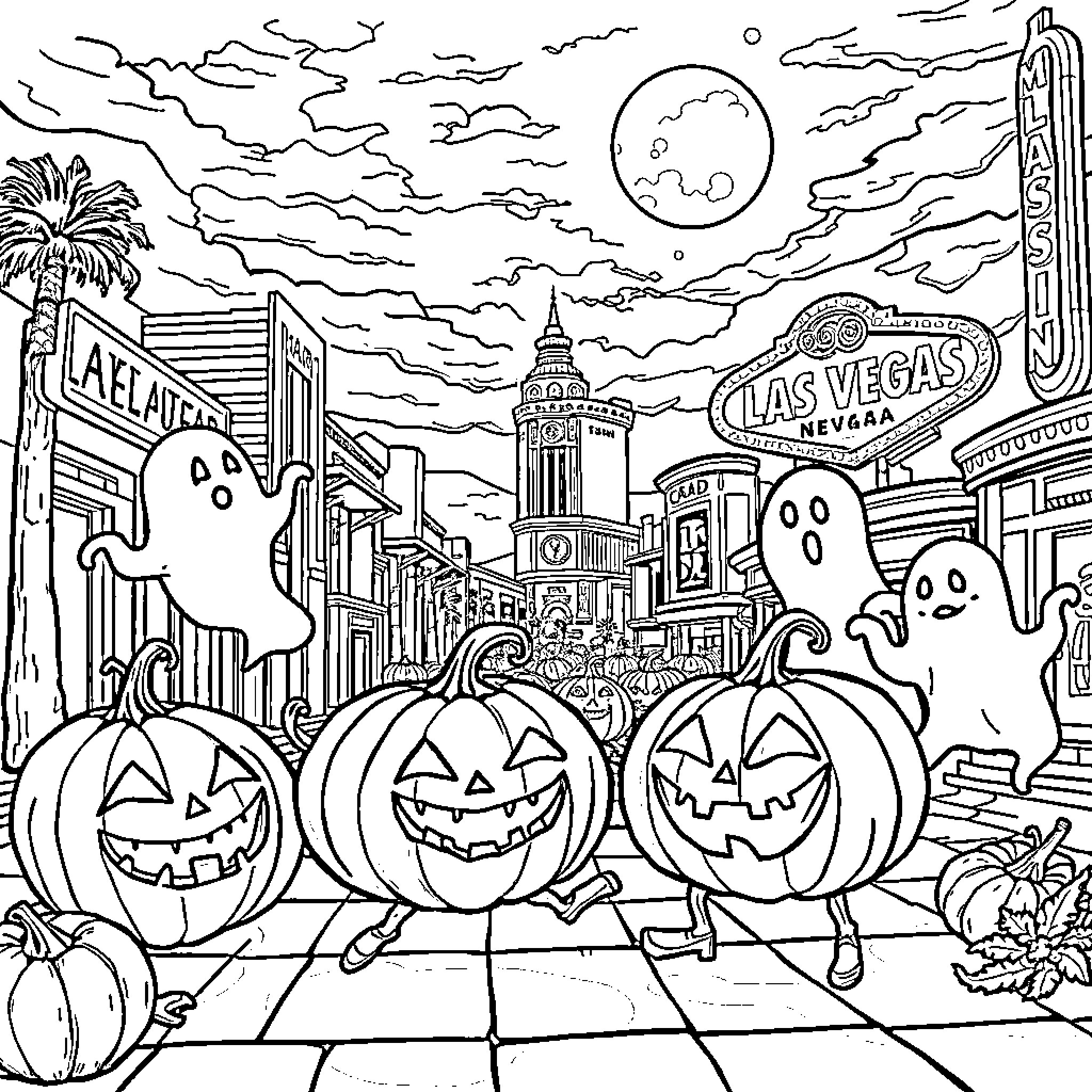 Pumpkins and Ghosts Celebrating Halloween in Las Vegas Coloring Page (free black-and-white line drawing printable PDF for all, from beginners to advanced learners, including children, teens, adults, and seniors)
