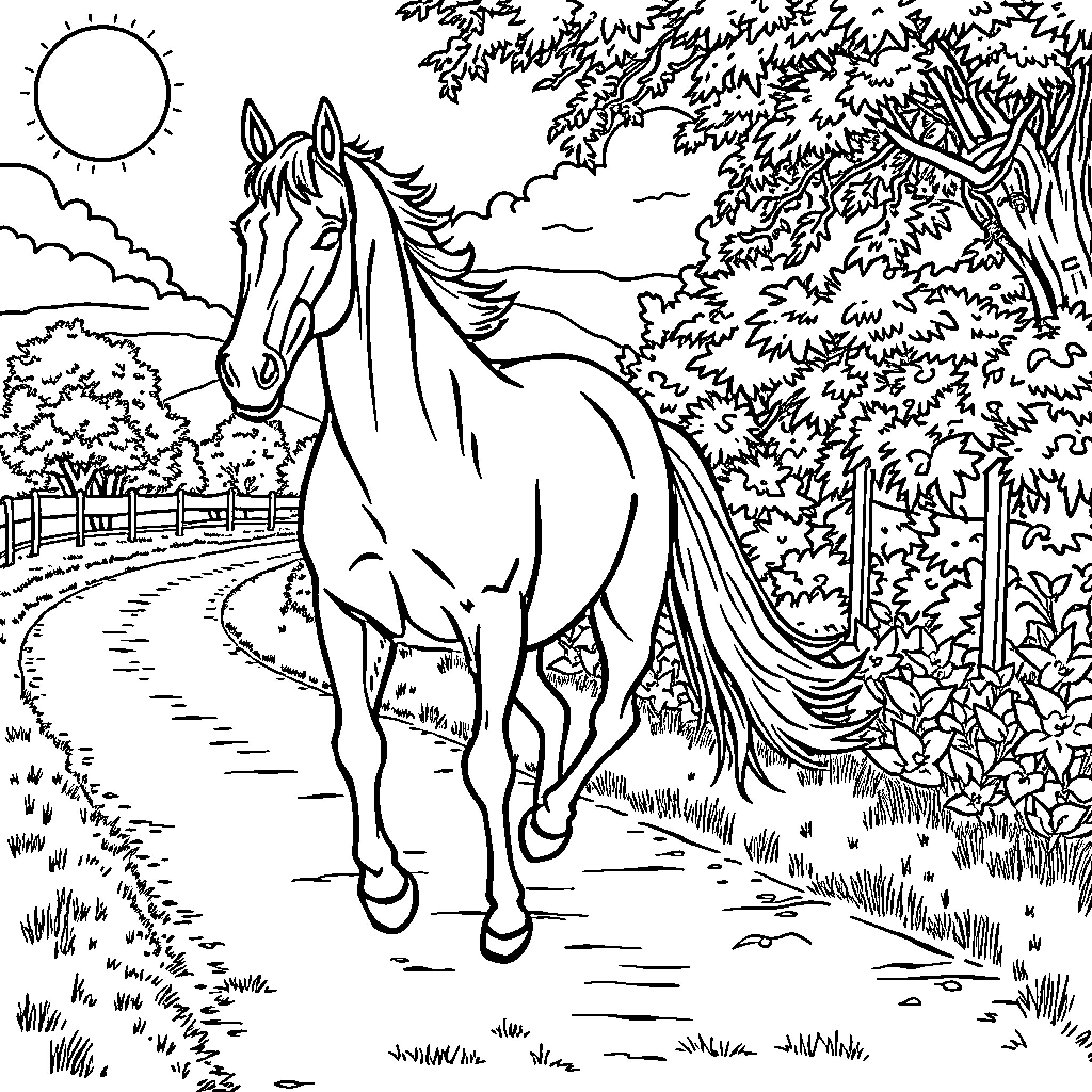 Horse galloping through a scenic countryside Coloring Page (free black-and-white line drawing printable PDF for all, from beginners to advanced learners, including children, teens, adults, and seniors)