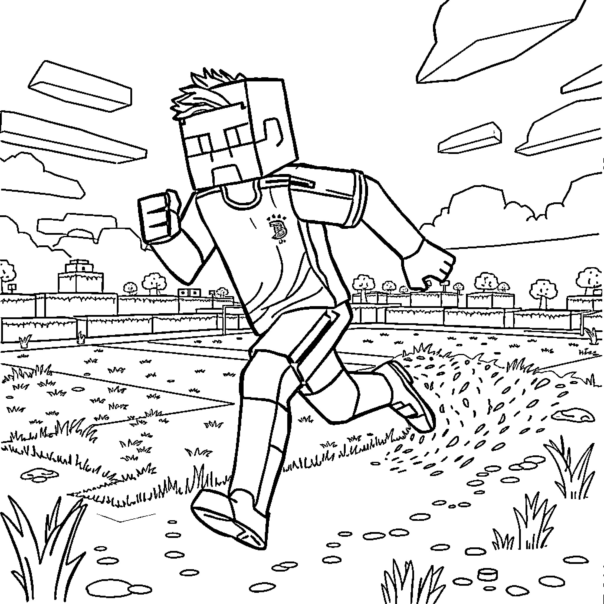 Cristiano Ronaldo Running through Grassy Outdoor Scene Coloring Page (free black-and-white line drawing printable PDF for all, from beginners to advanced learners, including children, teens, adults, and seniors)