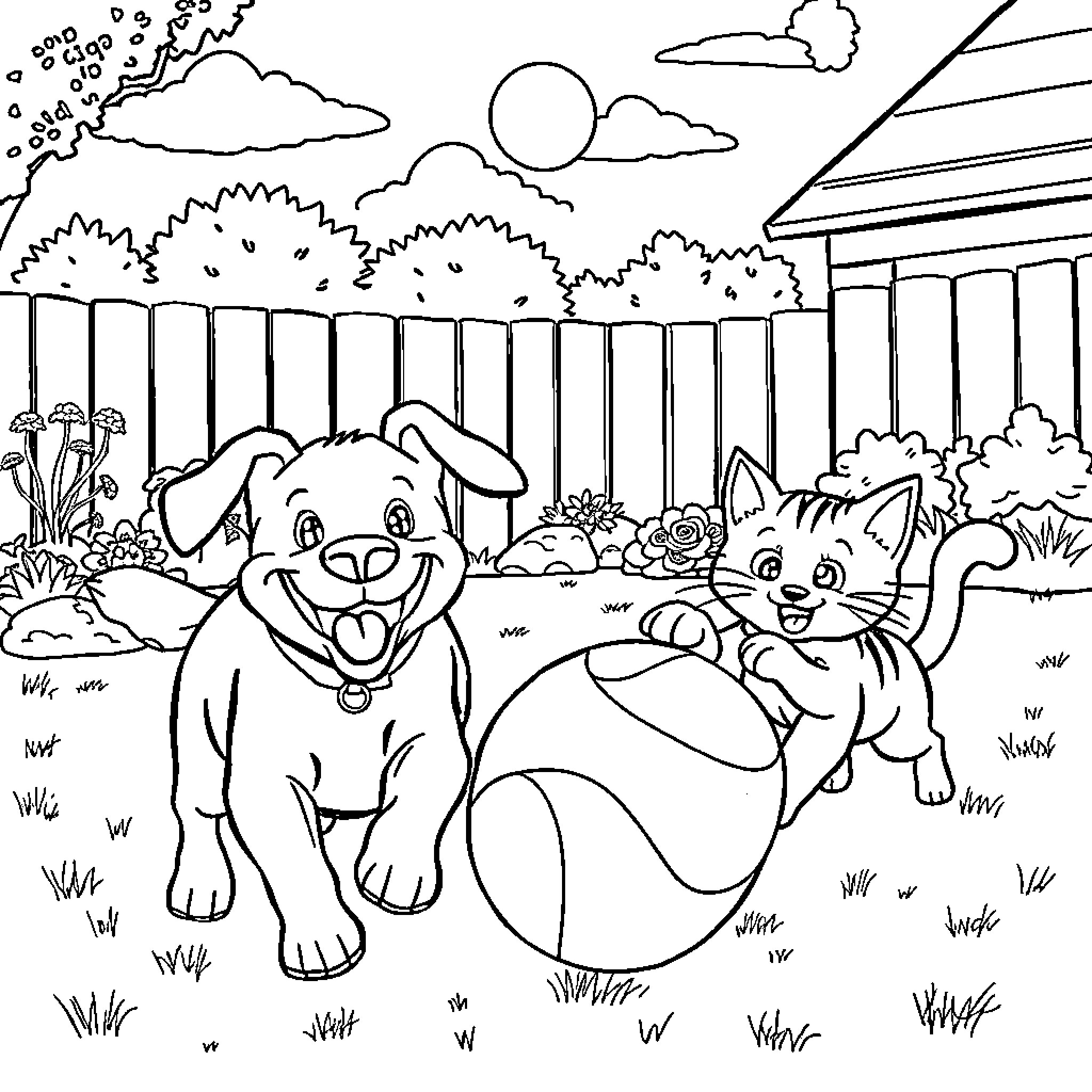 Dog and Cat Playing in the Backyard Coloring Page (free black-and-white line drawing printable PDF for all, from beginners to advanced learners, including children, teens, adults, and seniors)