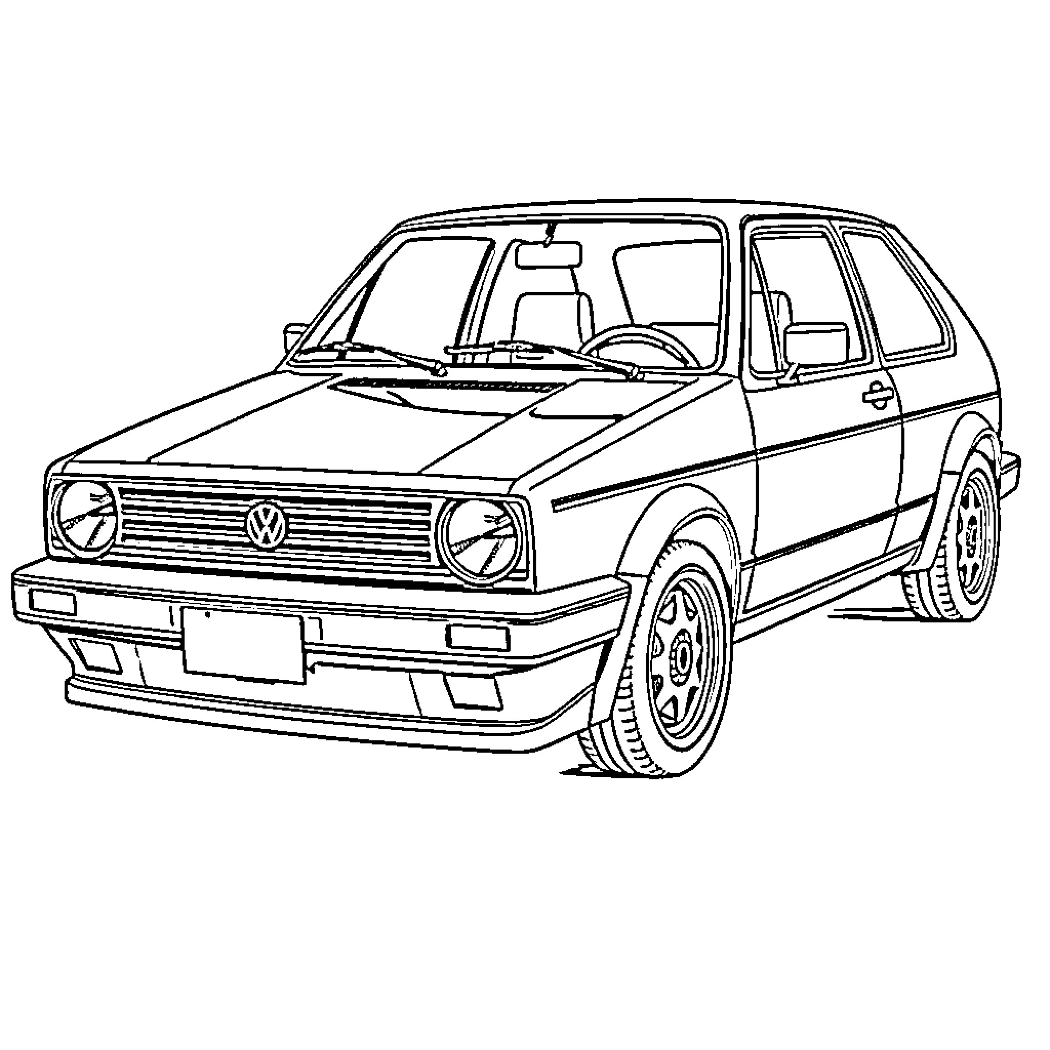 Volkswagen compact car in simple outline Coloring Page (free black-and-white line drawing printable PDF for all, from beginners to advanced learners, including children, teens, adults, and seniors)