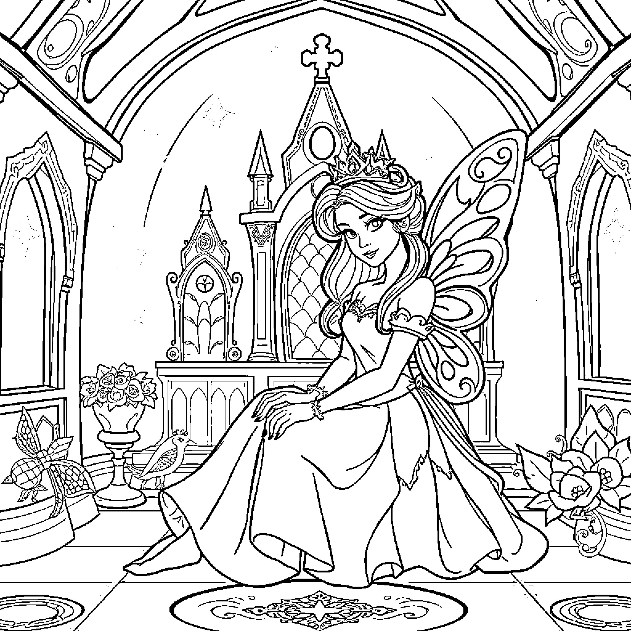 Fairy Princess in a Enchanted Castle Coloring Page (free black-and-white line drawing printable PDF for all, from beginners to advanced learners, including children, teens, adults, and seniors)