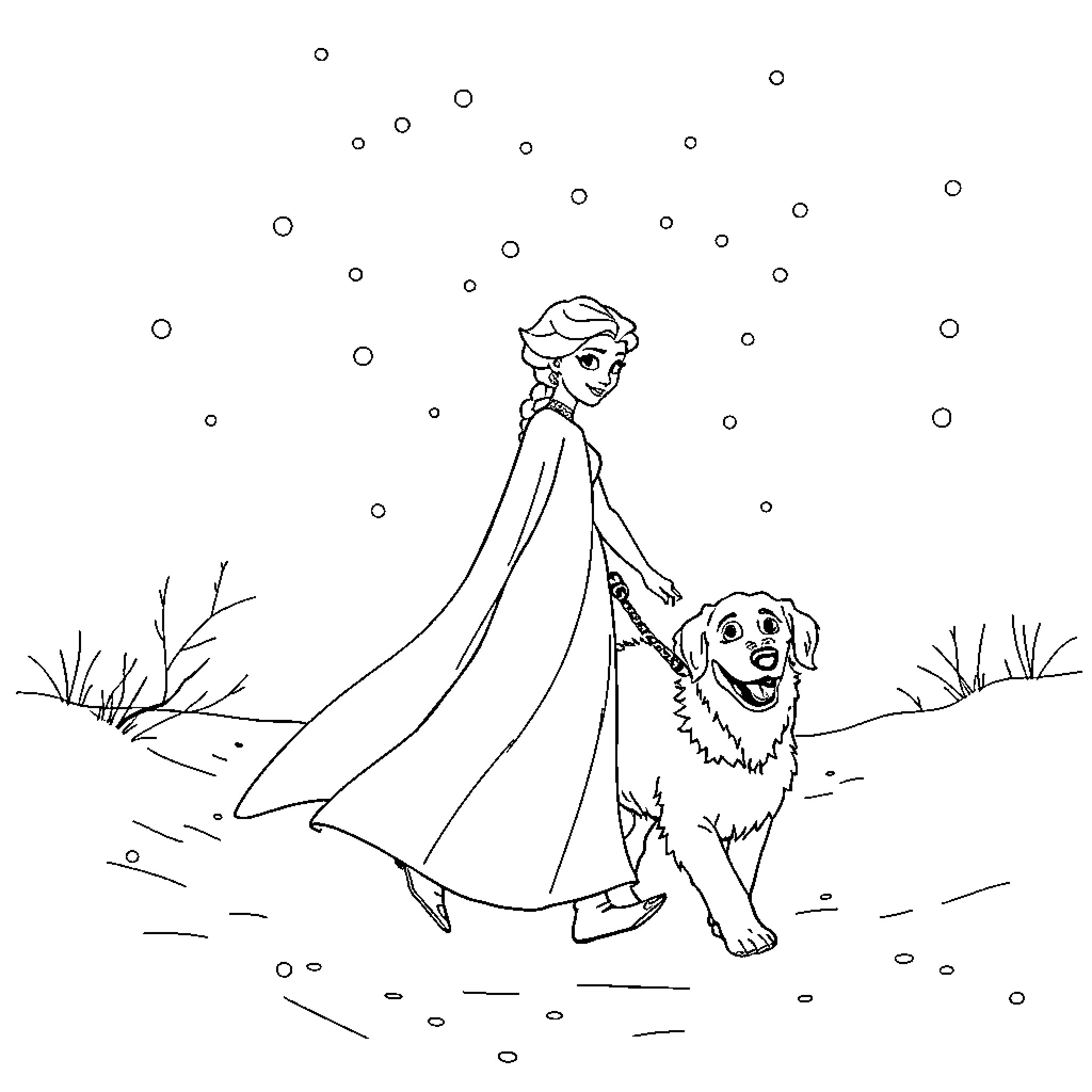 Elsa's Snowy Adventure with Loyal Companion Coloring Page (free black-and-white line drawing printable PDF for all, from beginners to advanced learners, including children, teens, adults, and seniors)