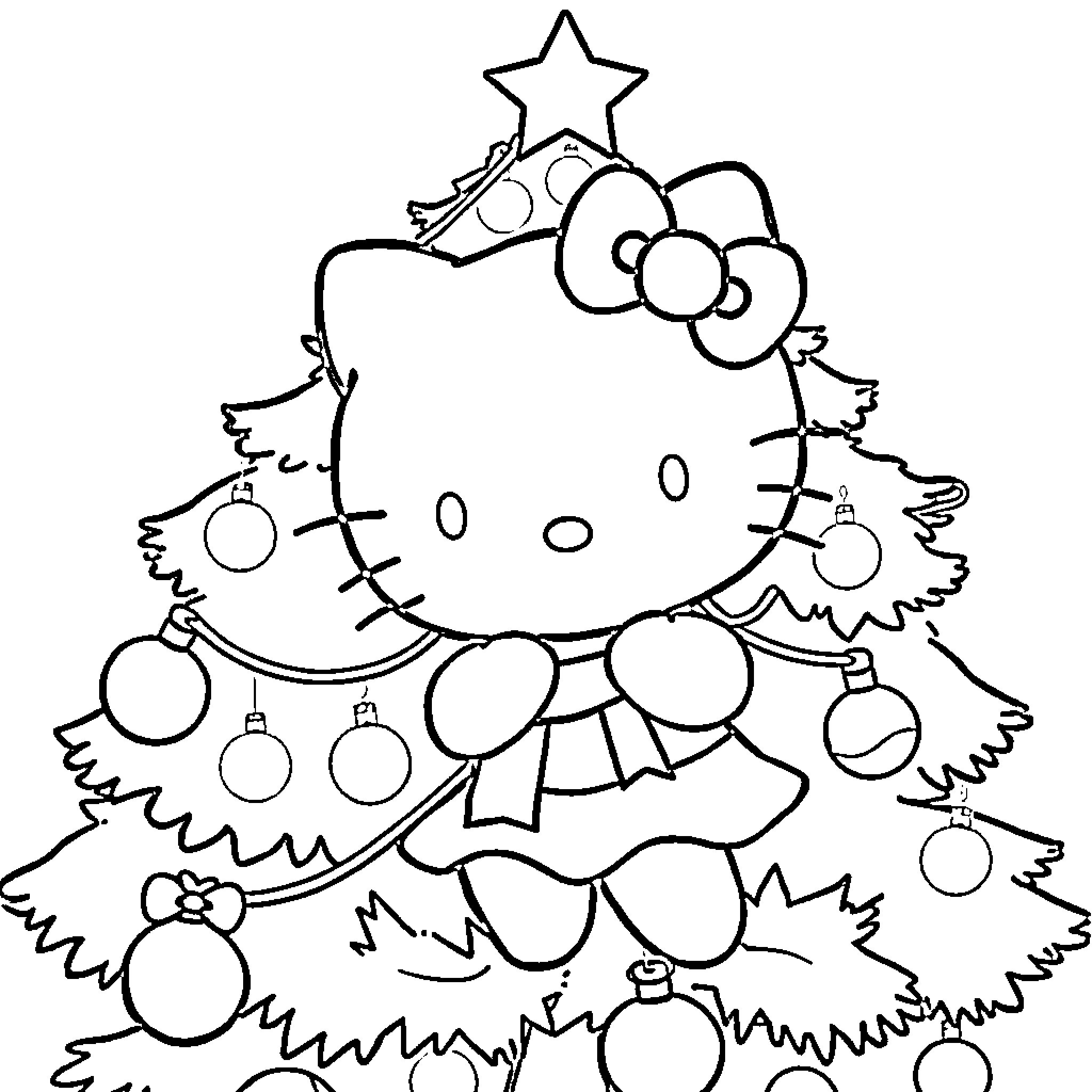 Hello Kitty decorating a Christmas tree Coloring Page (free black-and-white line drawing printable PDF for all, from beginners to advanced learners, including children, teens, adults, and seniors)