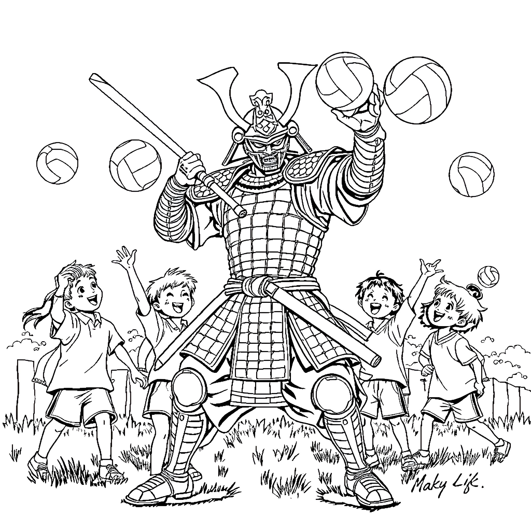 Samurai Warrior Protects Children from Playtime Chaos Coloring Page (free black-and-white line drawing printable PDF for all, from beginners to advanced learners, including children, teens, adults, and seniors)