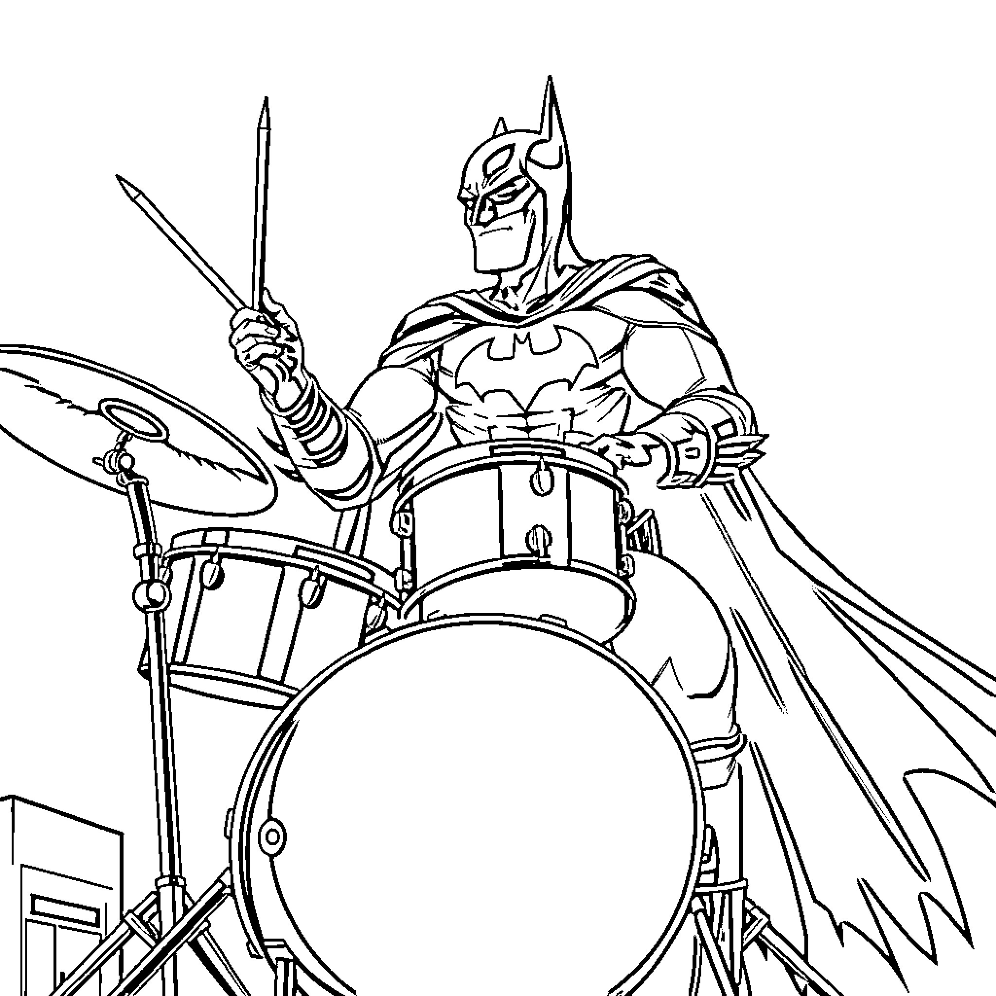 Batman playing drums with determination Coloring Page (free black-and-white line drawing printable PDF for all, from beginners to advanced learners, including children, teens, adults, and seniors)