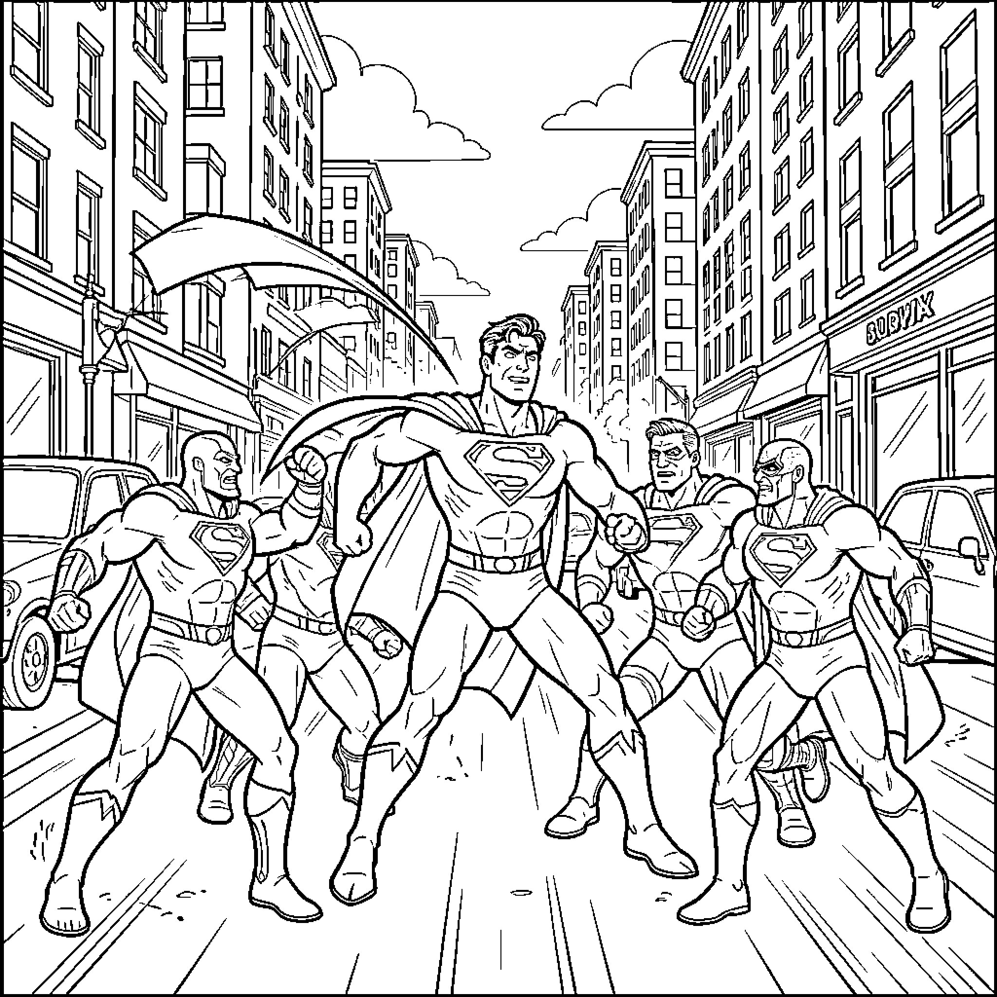 Superman leading a group of heroes through city streets Coloring Page (free black-and-white line drawing printable PDF for all, from beginners to advanced learners, including children, teens, adults, and seniors)