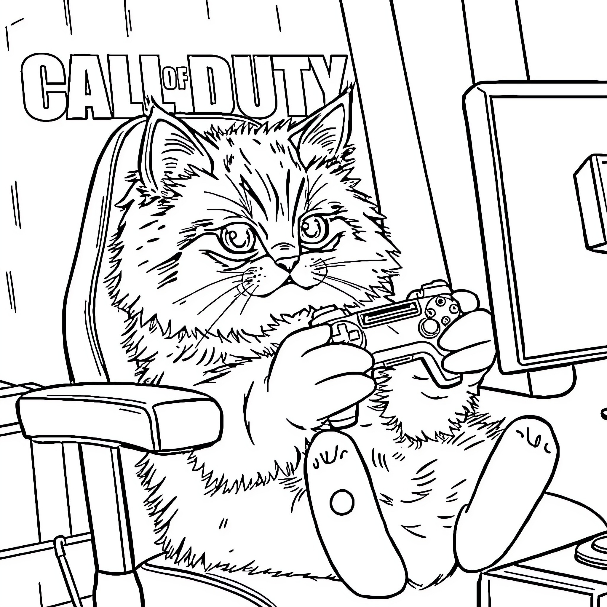 Ragdoll Cat playing Call of Duty video game Coloring Page (free black-and-white line drawing printable PDF for all, from beginners to advanced learners, including children, teens, adults, and seniors)