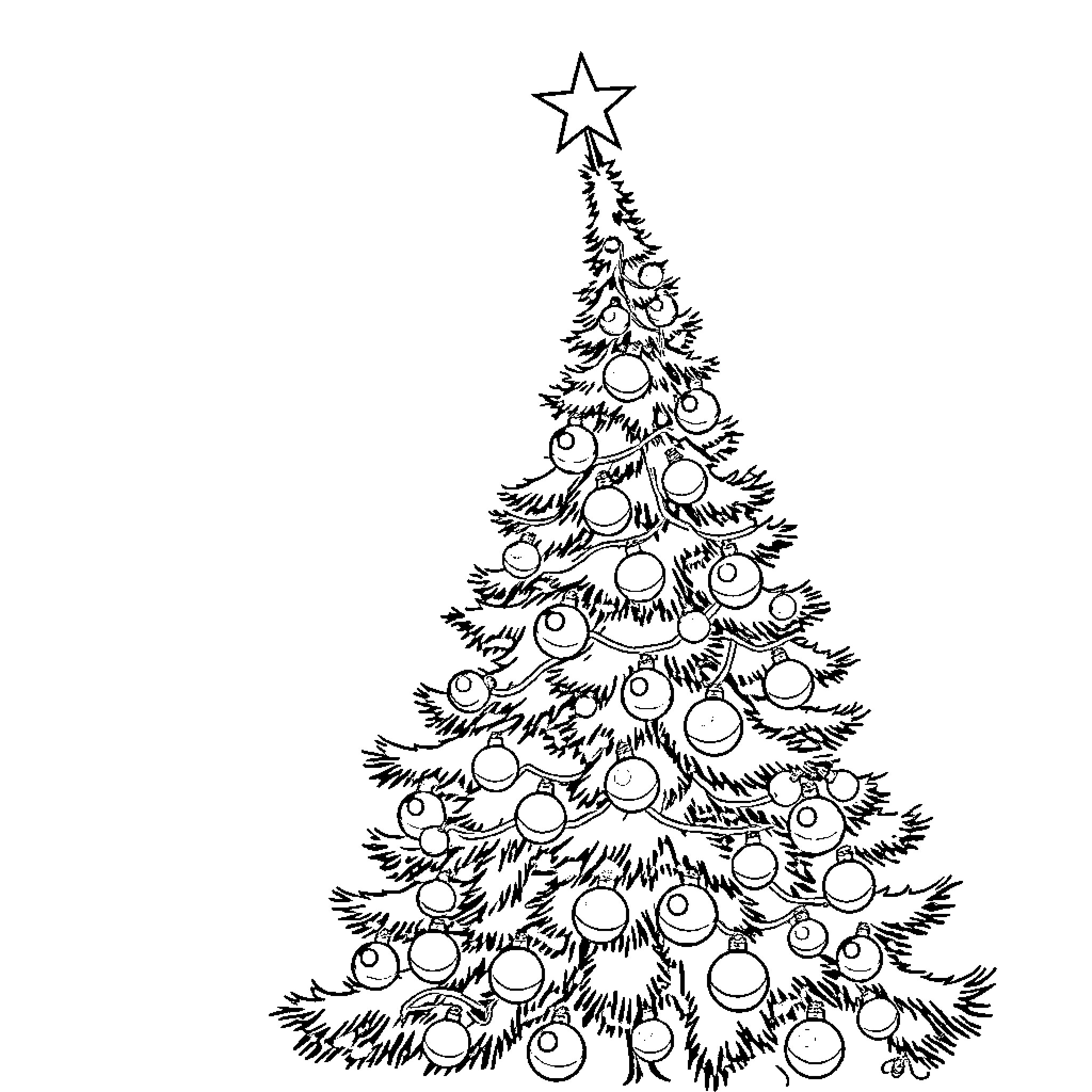Christmas Tree decorated with ornaments and a star Coloring Page (free black-and-white line drawing printable PDF for all, from beginners to advanced learners, including children, teens, adults, and seniors)