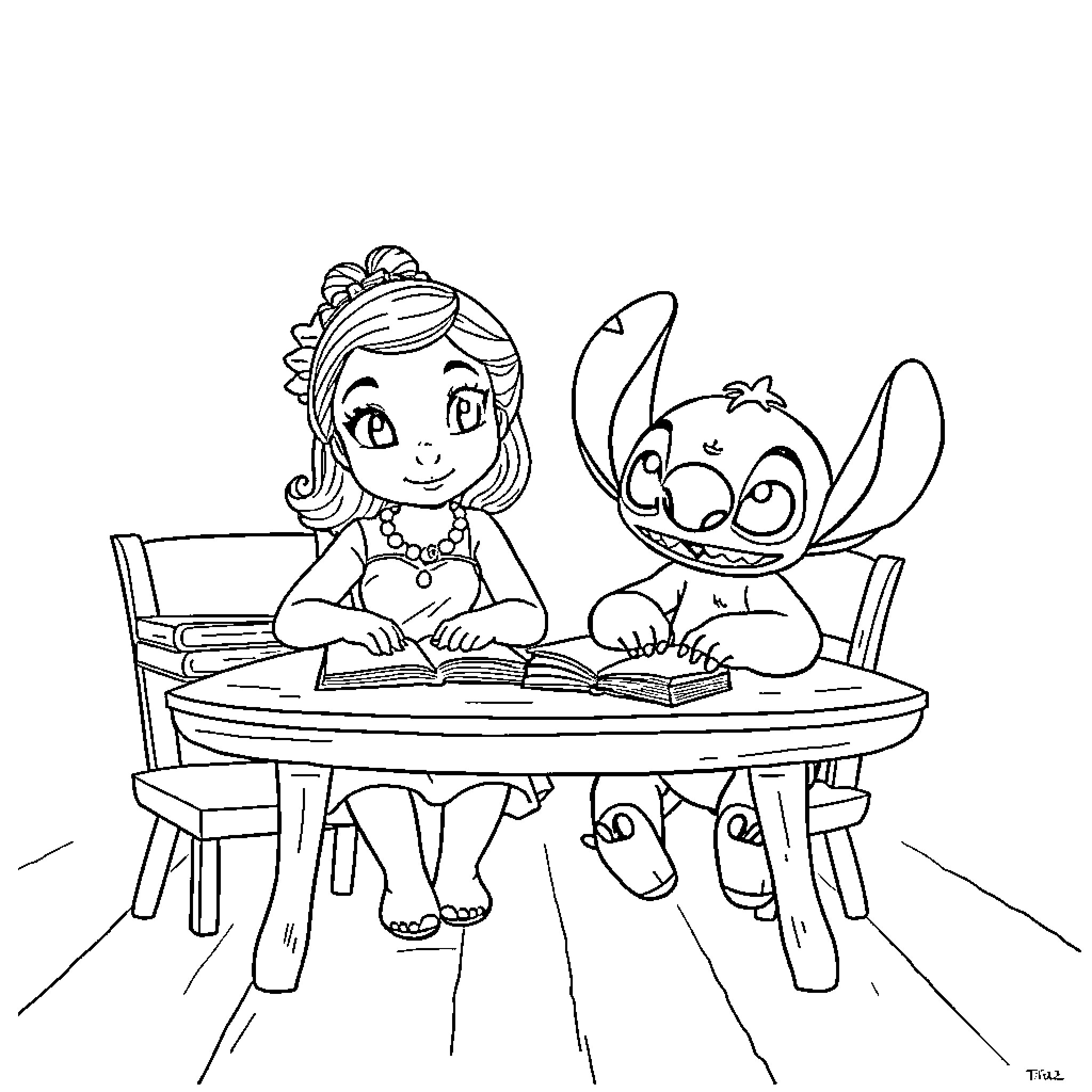 Lilo And Stitch Studying Together Happily Coloring Page (free black-and-white line drawing printable PDF for all, from beginners to advanced learners, including children, teens, adults, and seniors)