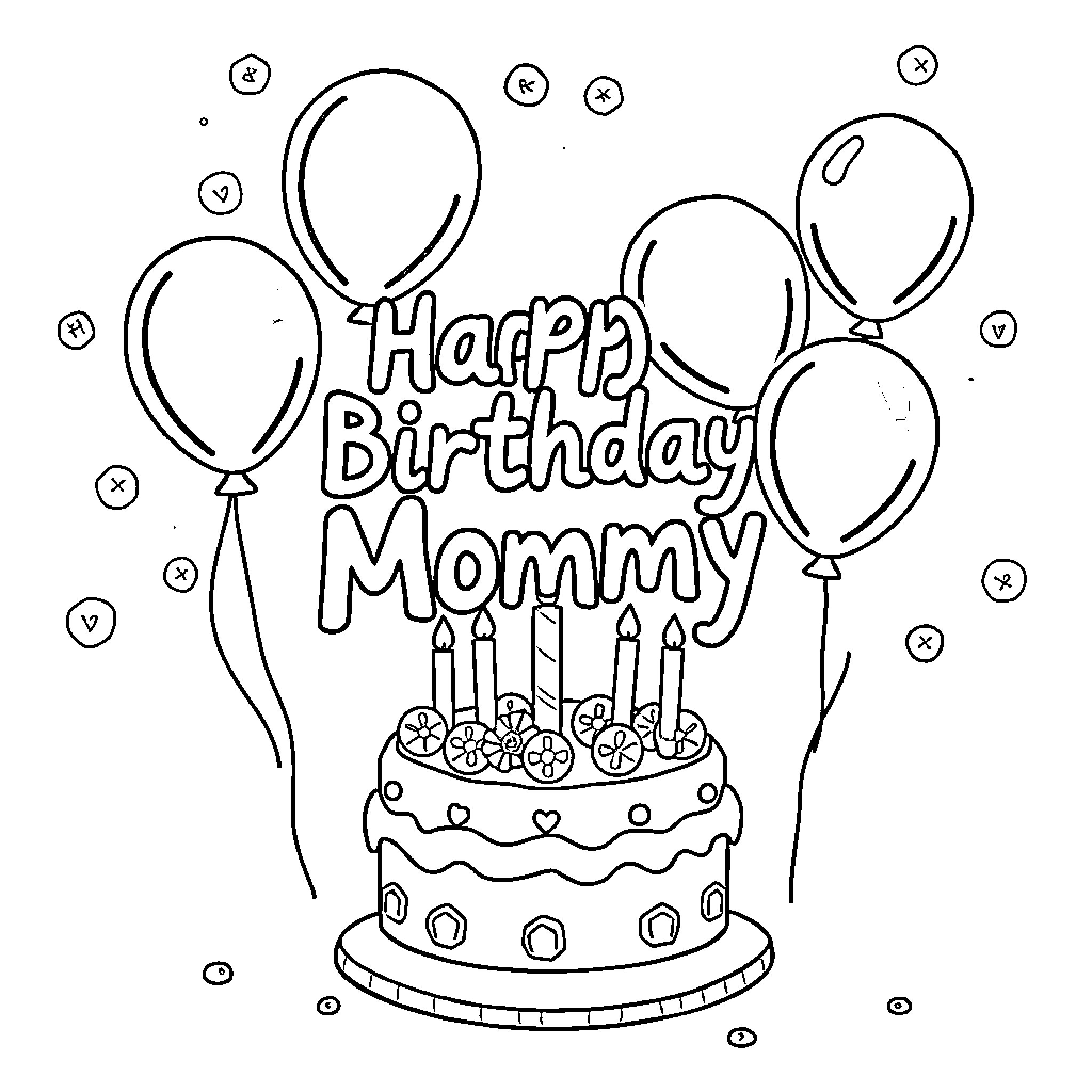 Mommy's Birthday Celebration with Cake and Balloons Coloring Page (free black-and-white line drawing printable PDF for all, from beginners to advanced learners, including children, teens, adults, and seniors)