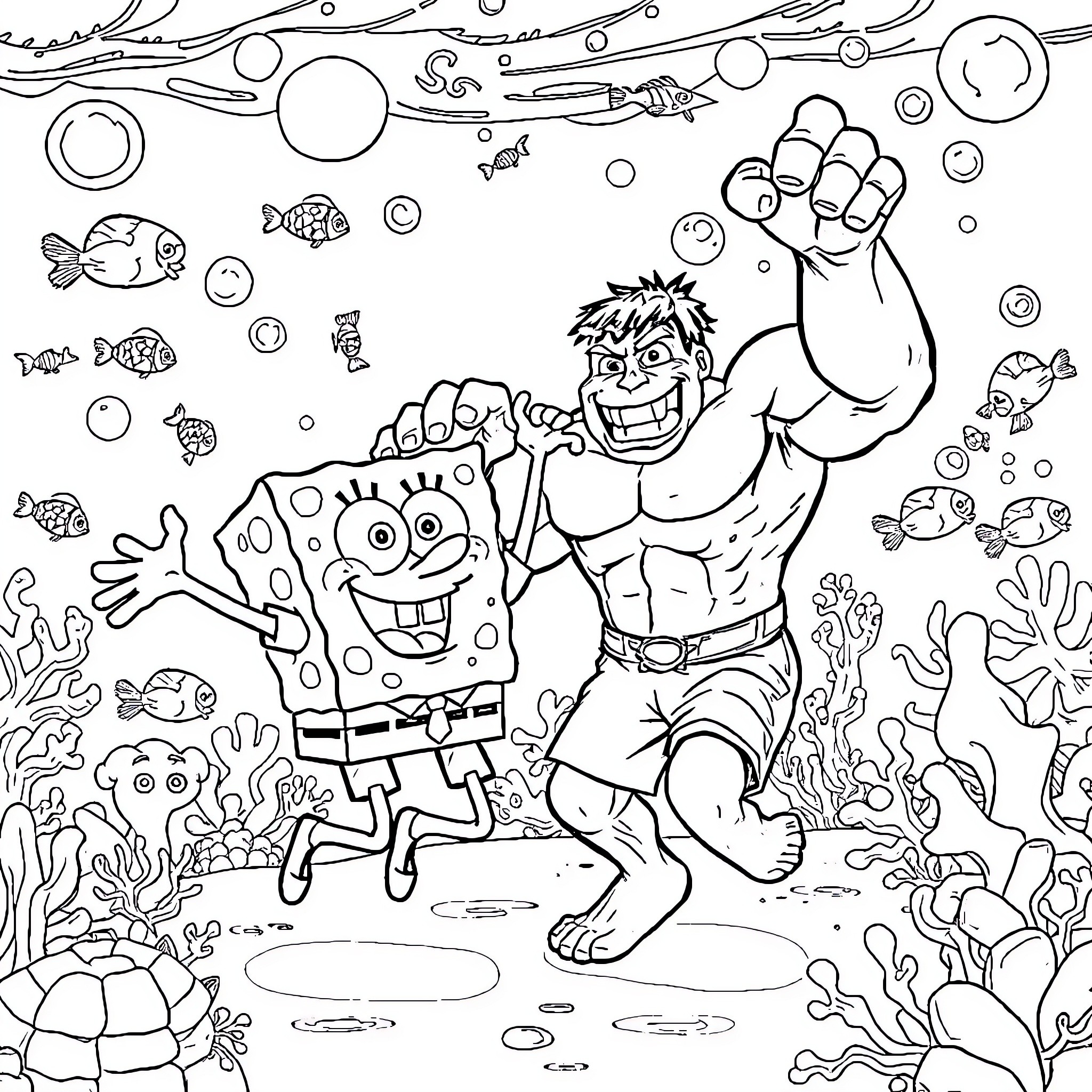 Spongebob and Hulk Exploring Underwater Adventure Coloring Page (free black-and-white line drawing printable PDF for all, from beginners to advanced learners, including children, teens, adults, and seniors)