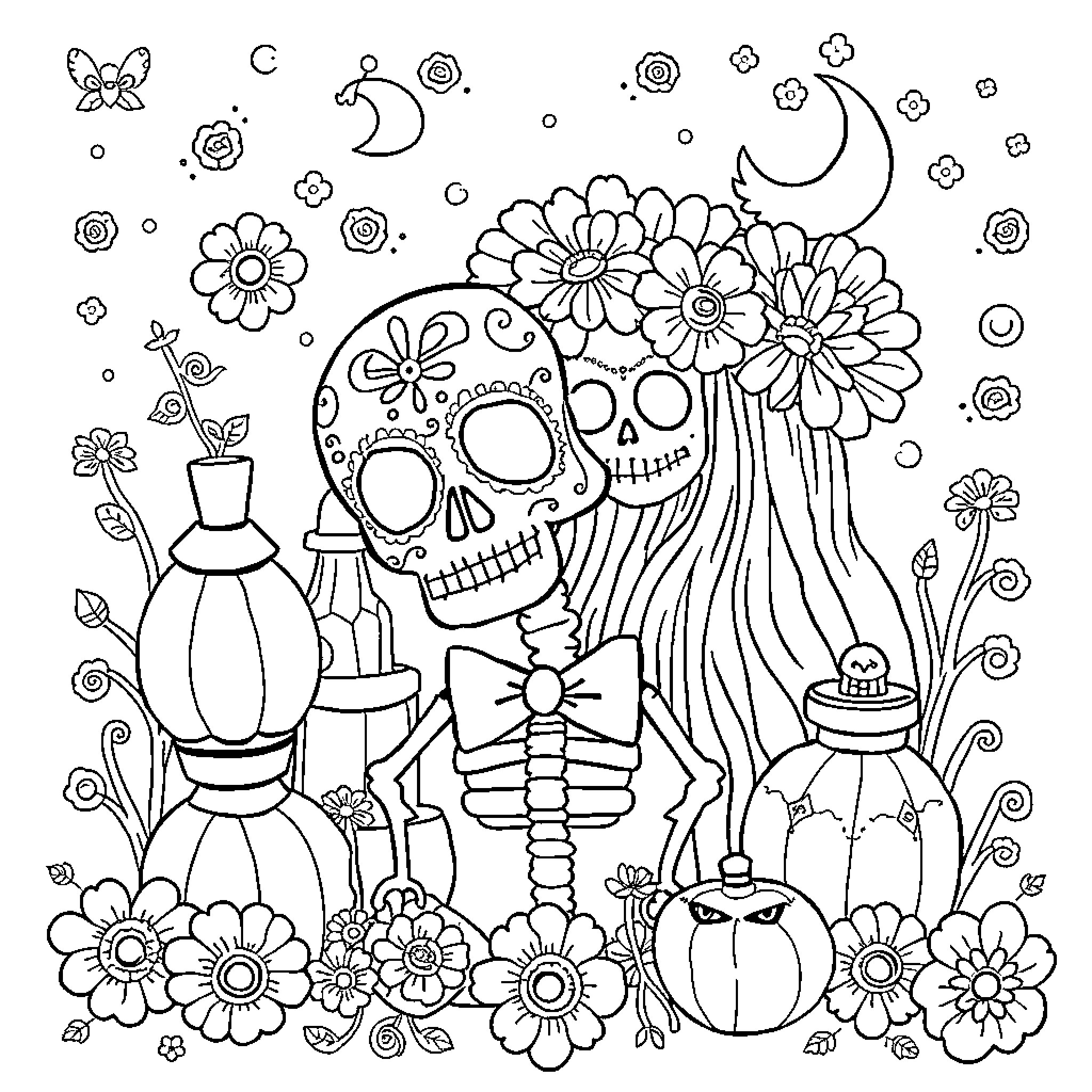 Dia de Muertos: Skeletal figures, flowers, and symbols of the celebration Coloring Page (free black-and-white line drawing printable PDF for all, from beginners to advanced learners, including children, teens, adults, and seniors)