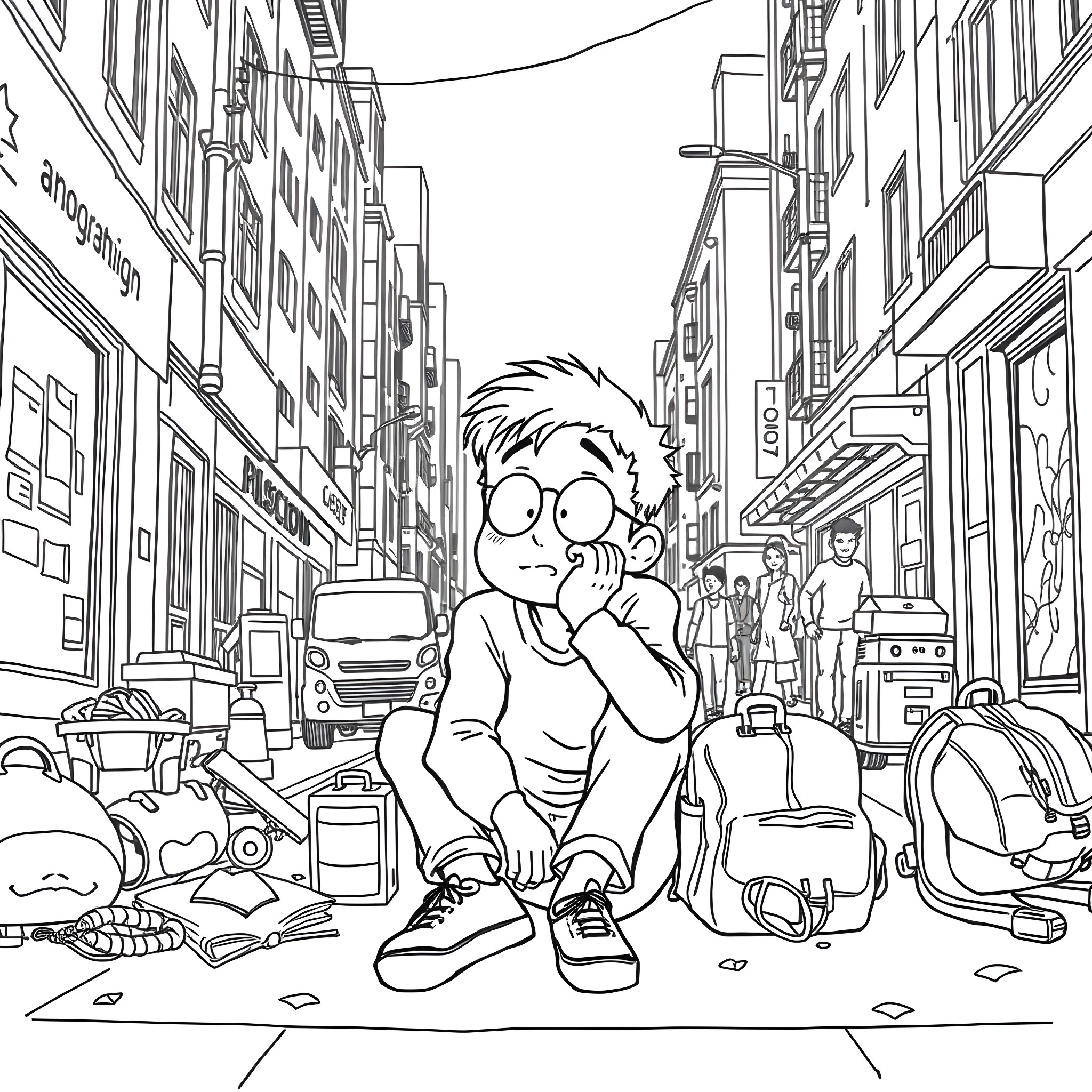 Bum sitting on the busy city street Coloring Page (free black-and-white line drawing printable PDF for all, from beginners to advanced learners, including children, teens, adults, and seniors)