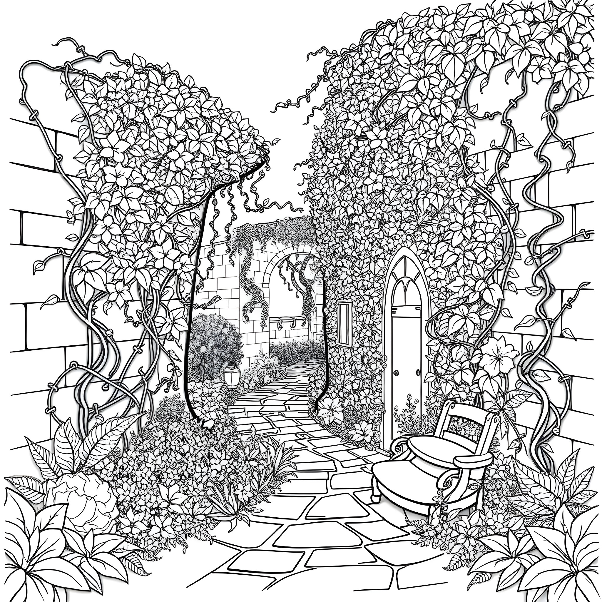 Garden Path Through Overgrown Floral Archway Coloring Page (free black-and-white line drawing printable PDF for all, from beginners to advanced learners, including children, teens, adults, and seniors)