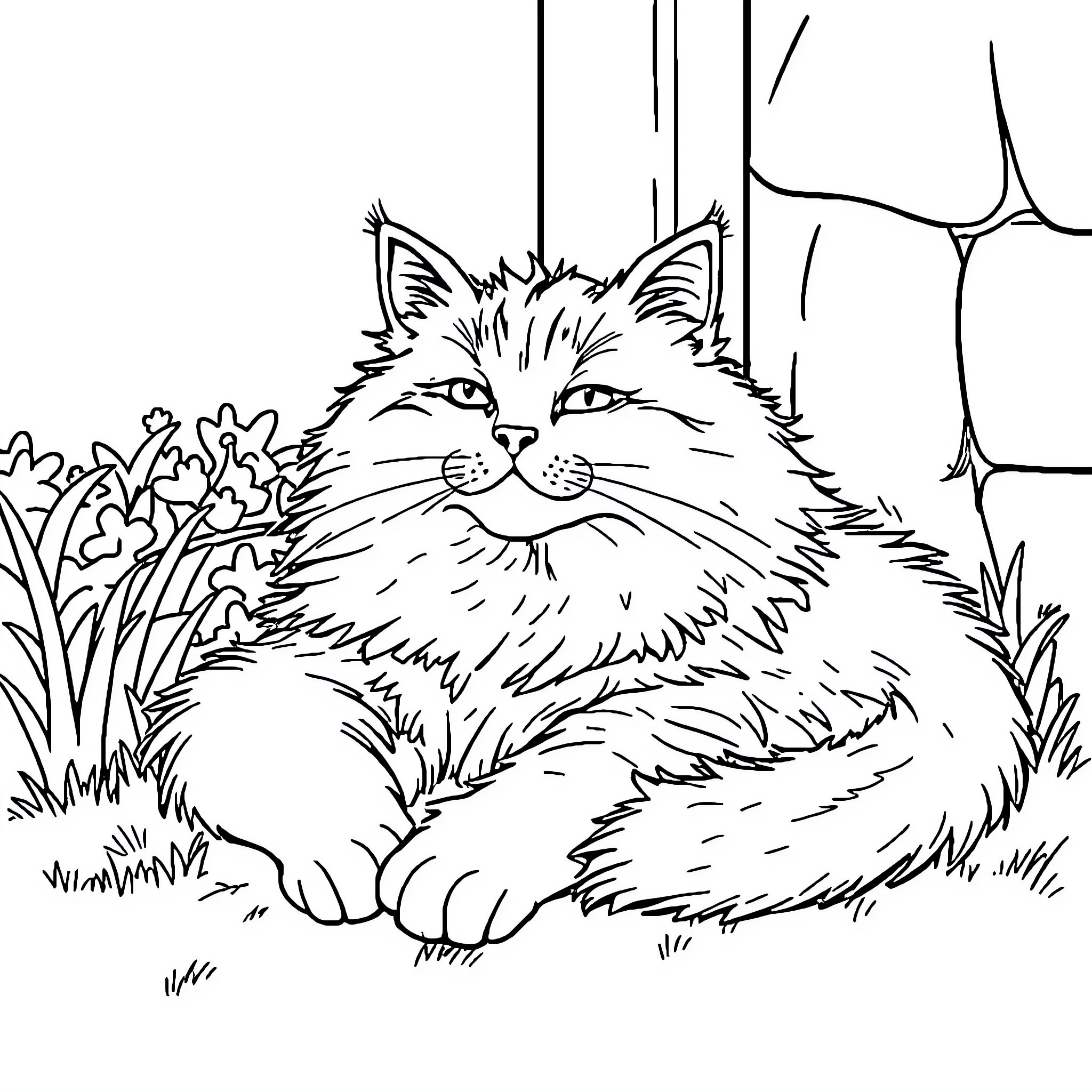 Cat resting peacefully in a grassy field Coloring Page (free black-and-white line drawing printable PDF for all, from beginners to advanced learners, including children, teens, adults, and seniors)