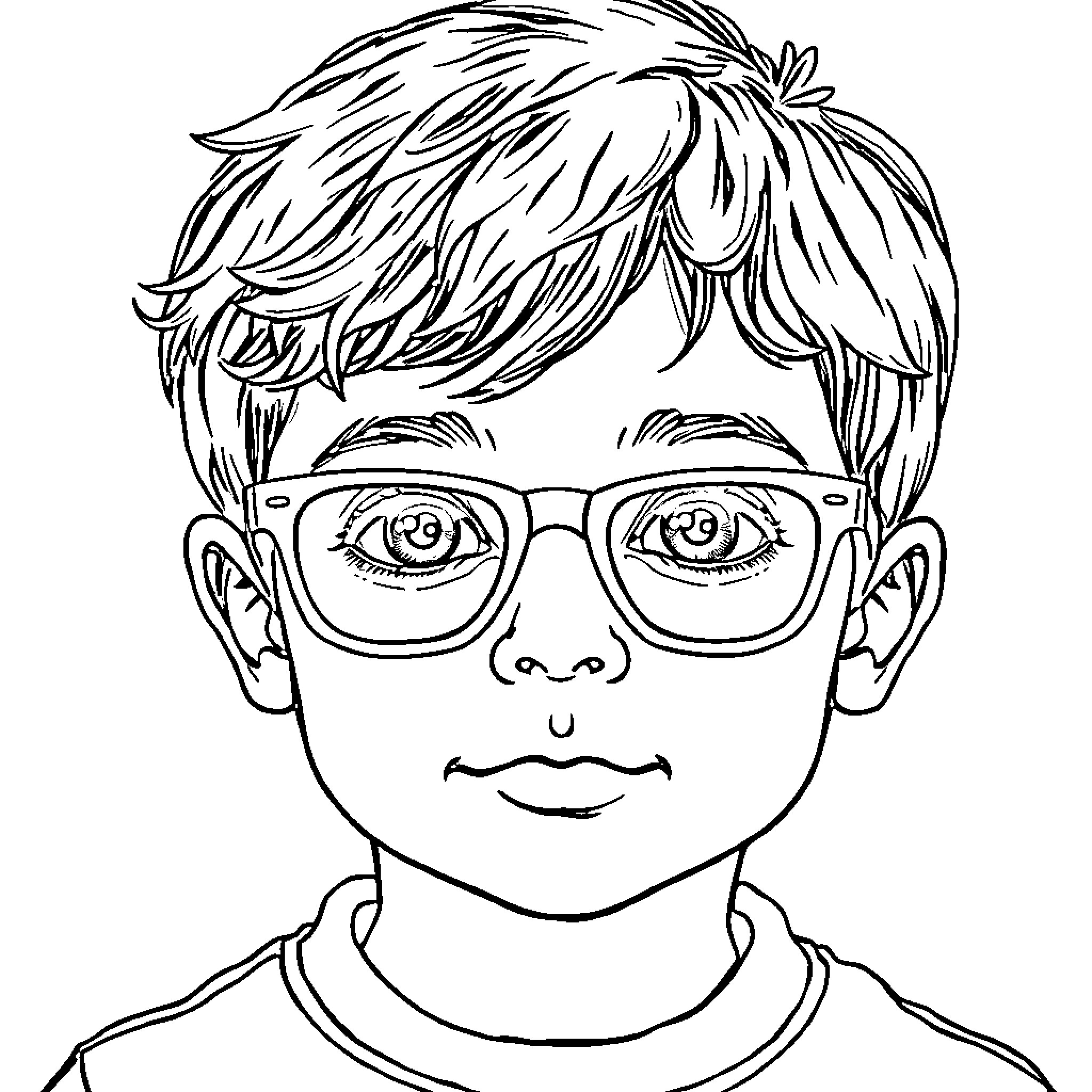 Child wearing glasses with messy hair Coloring Page (free black-and-white line drawing printable PDF for all, from beginners to advanced learners, including children, teens, adults, and seniors)