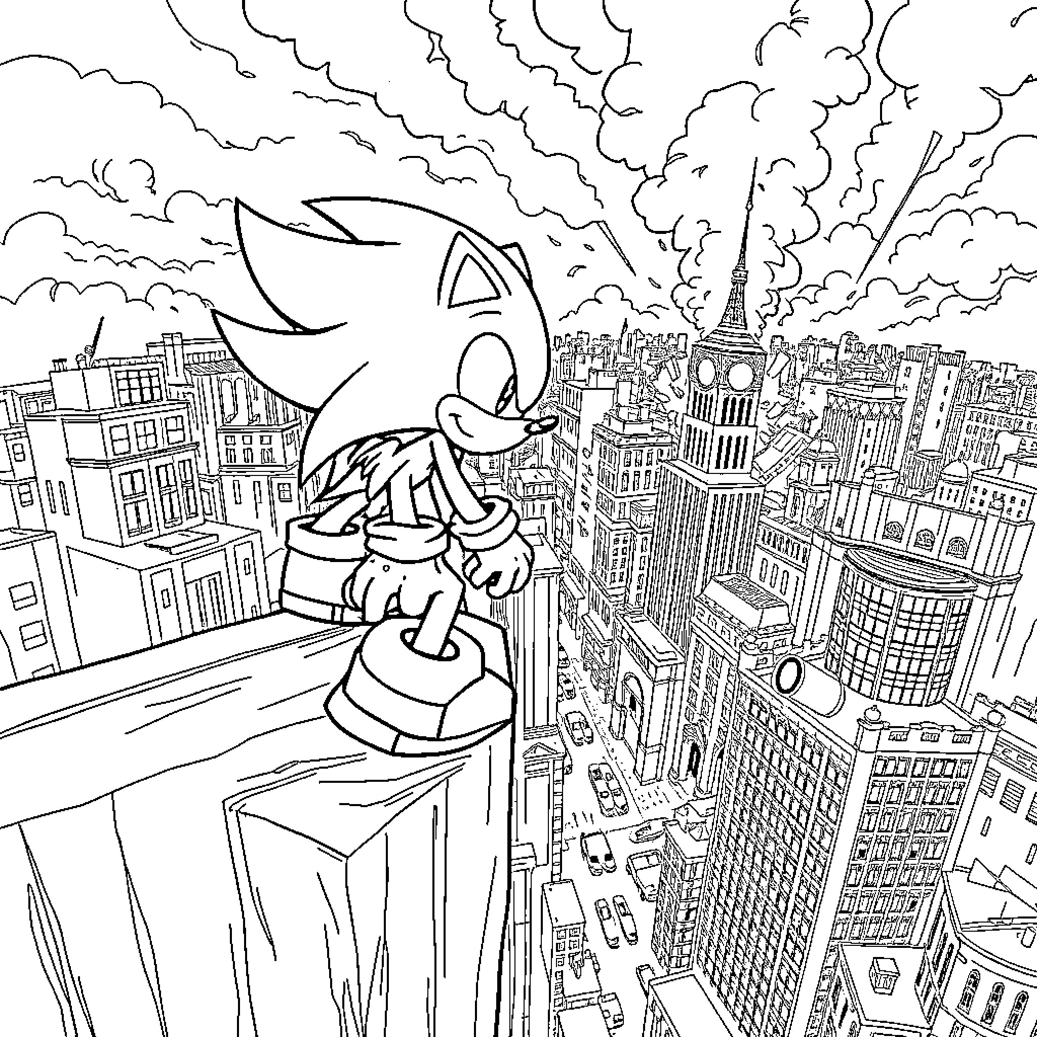 Shadow of a Heroic Figure Overlooking the City Coloring Page (free black-and-white line drawing printable PDF for all, from beginners to advanced learners, including children, teens, adults, and seniors)