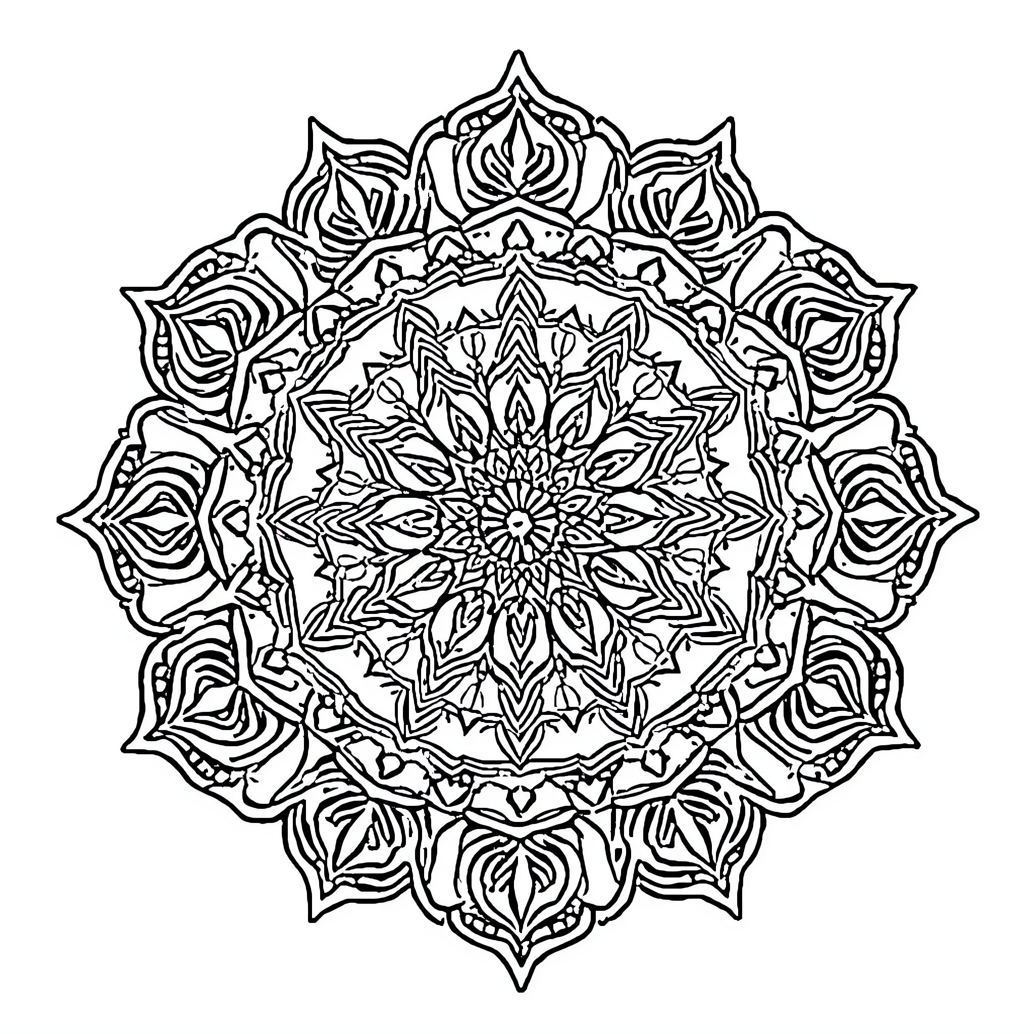 Mandalas with intricate floral patterns Coloring Page (free black-and-white line drawing printable PDF for all, from beginners to advanced learners, including children, teens, adults, and seniors)
