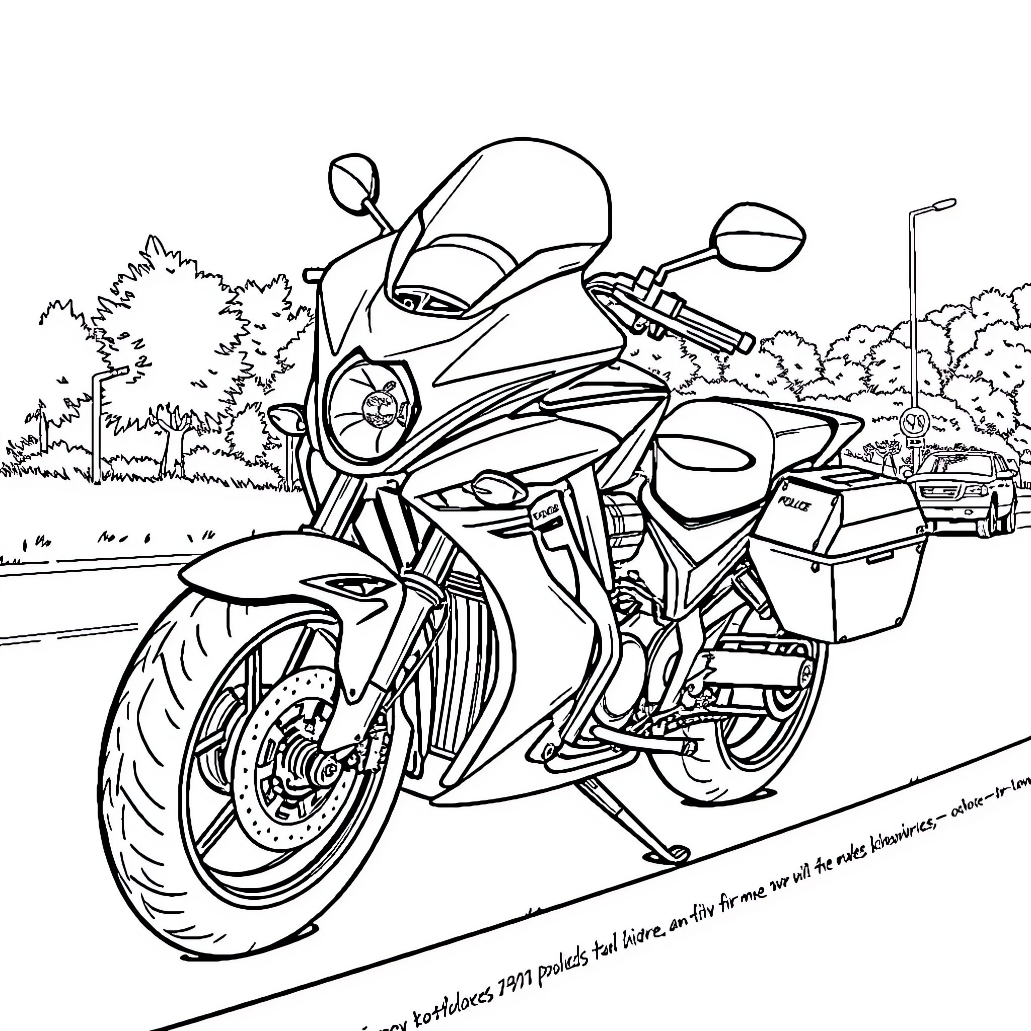 Police Motorcycle Patrolling on the Street Coloring Page (free black-and-white line drawing printable PDF for all, from beginners to advanced learners, including children, teens, adults, and seniors)