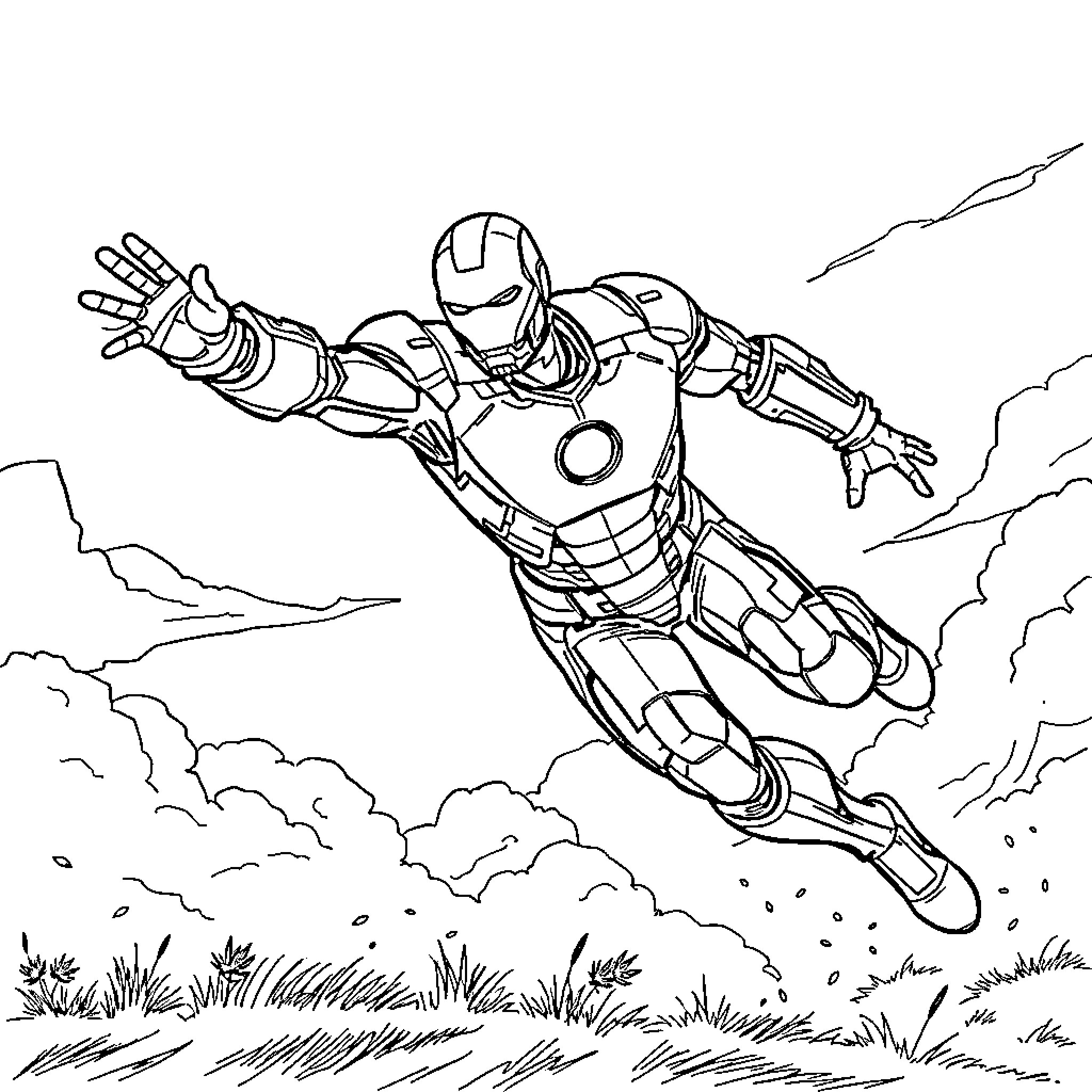 Iron Man in high-speed aerial maneuver Coloring Page (free black-and-white line drawing printable PDF for all, from beginners to advanced learners, including children, teens, adults, and seniors)