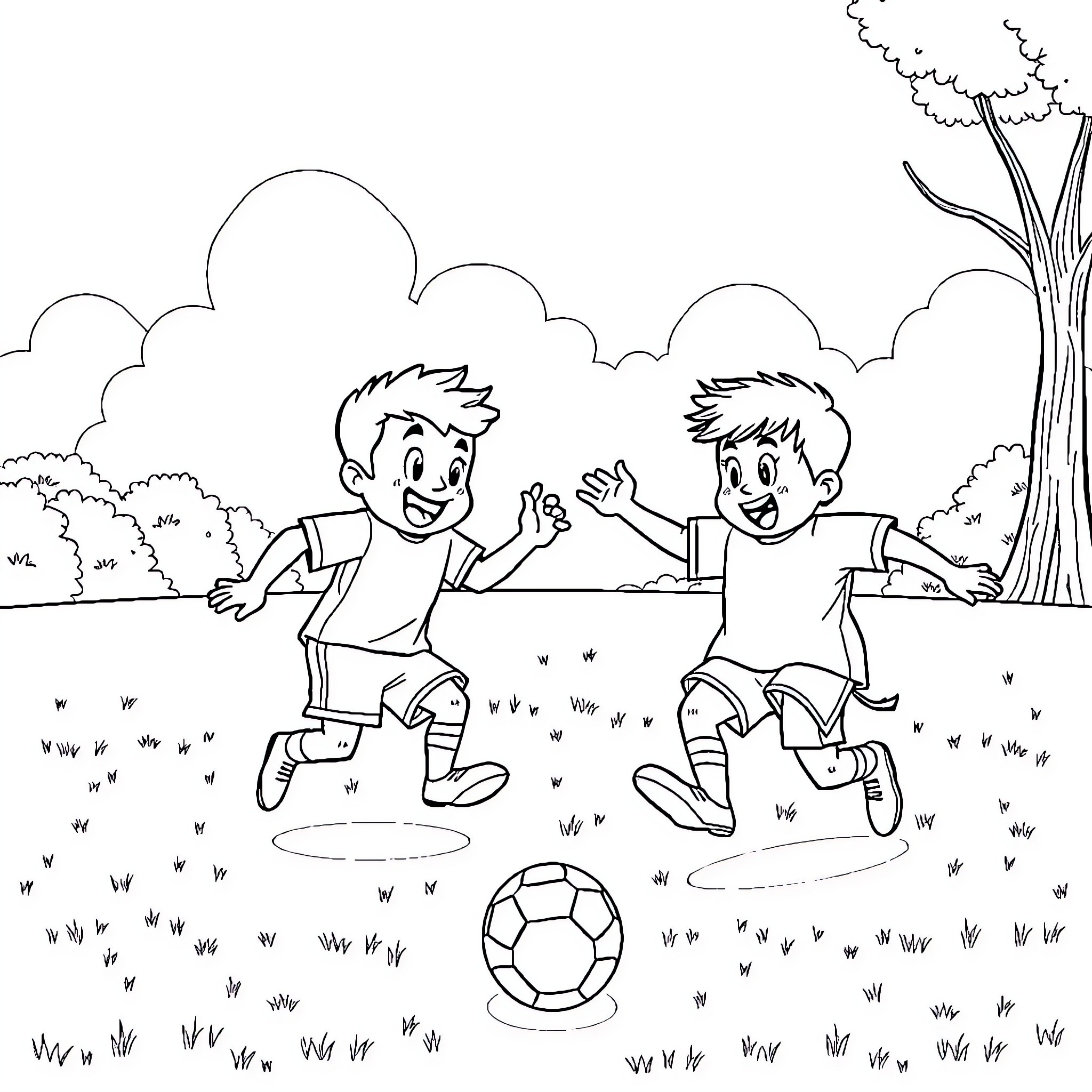 Kidney Kids Playing Soccer in the Park Coloring Page (free black-and-white line drawing printable PDF for all, from beginners to advanced learners, including children, teens, adults, and seniors)