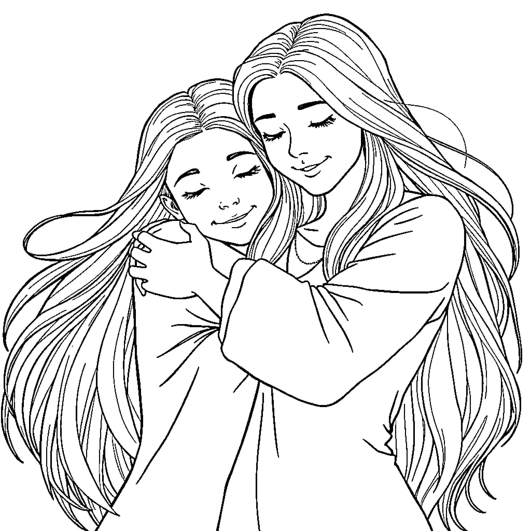 Mother's Tender Embrace Coloring Page (free black-and-white line drawing printable PDF for all, from beginners to advanced learners, including children, teens, adults, and seniors)