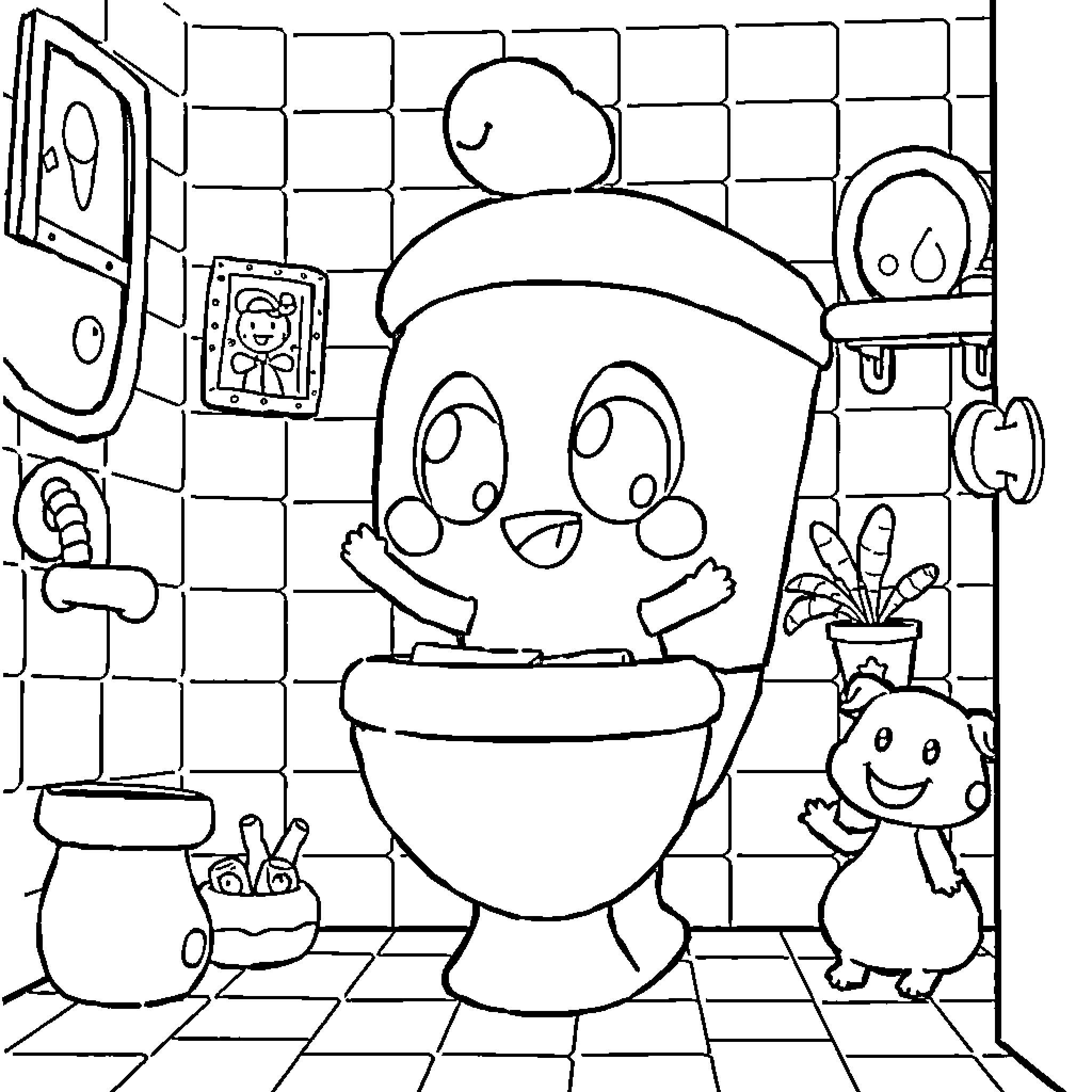 Labubu's Silly Bathroom Adventure Coloring Page (free black-and-white line drawing printable PDF for all, from beginners to advanced learners, including children, teens, adults, and seniors)