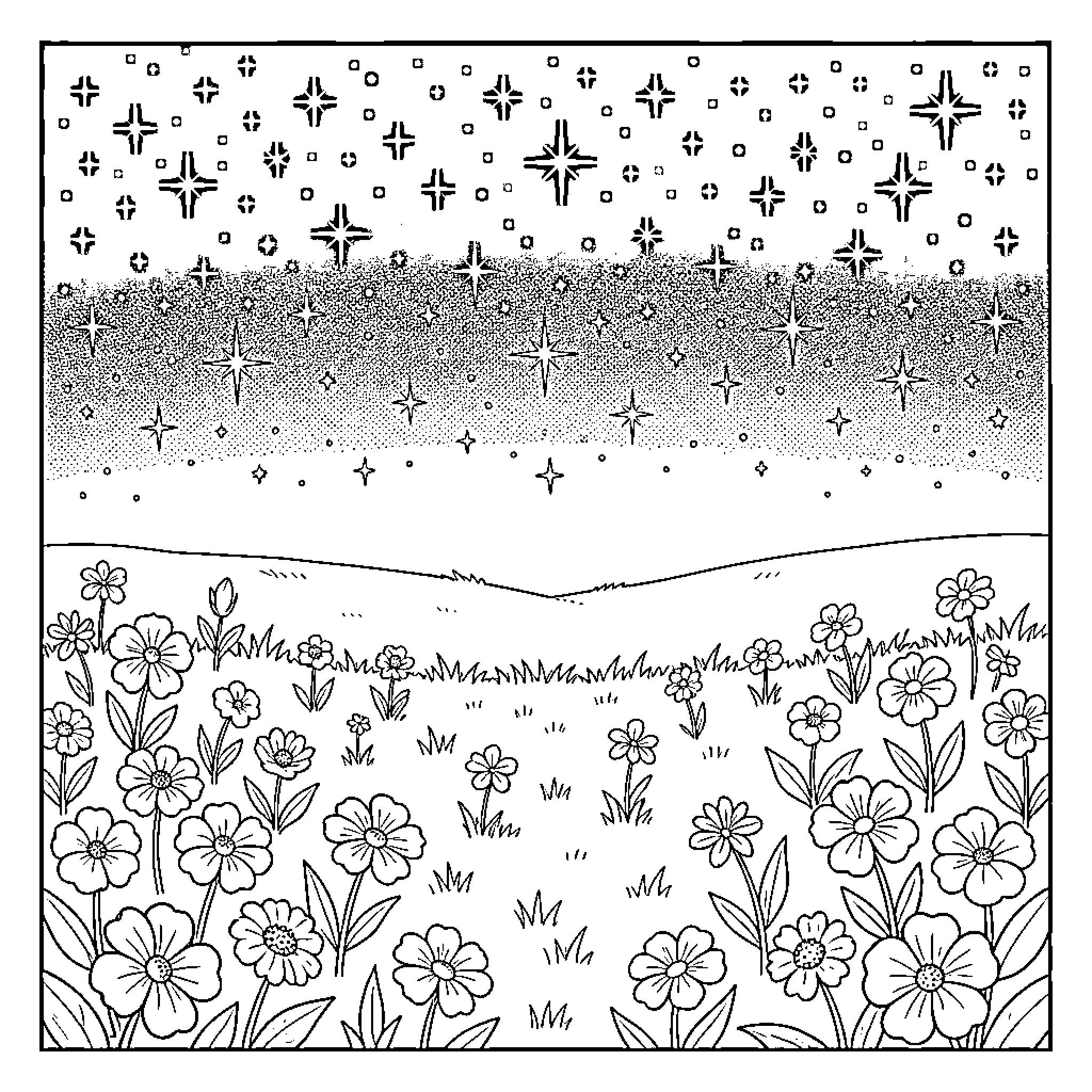 Starry night sky over a field of flowers Coloring Page (free black-and-white line drawing printable PDF for all, from beginners to advanced learners, including children, teens, adults, and seniors)