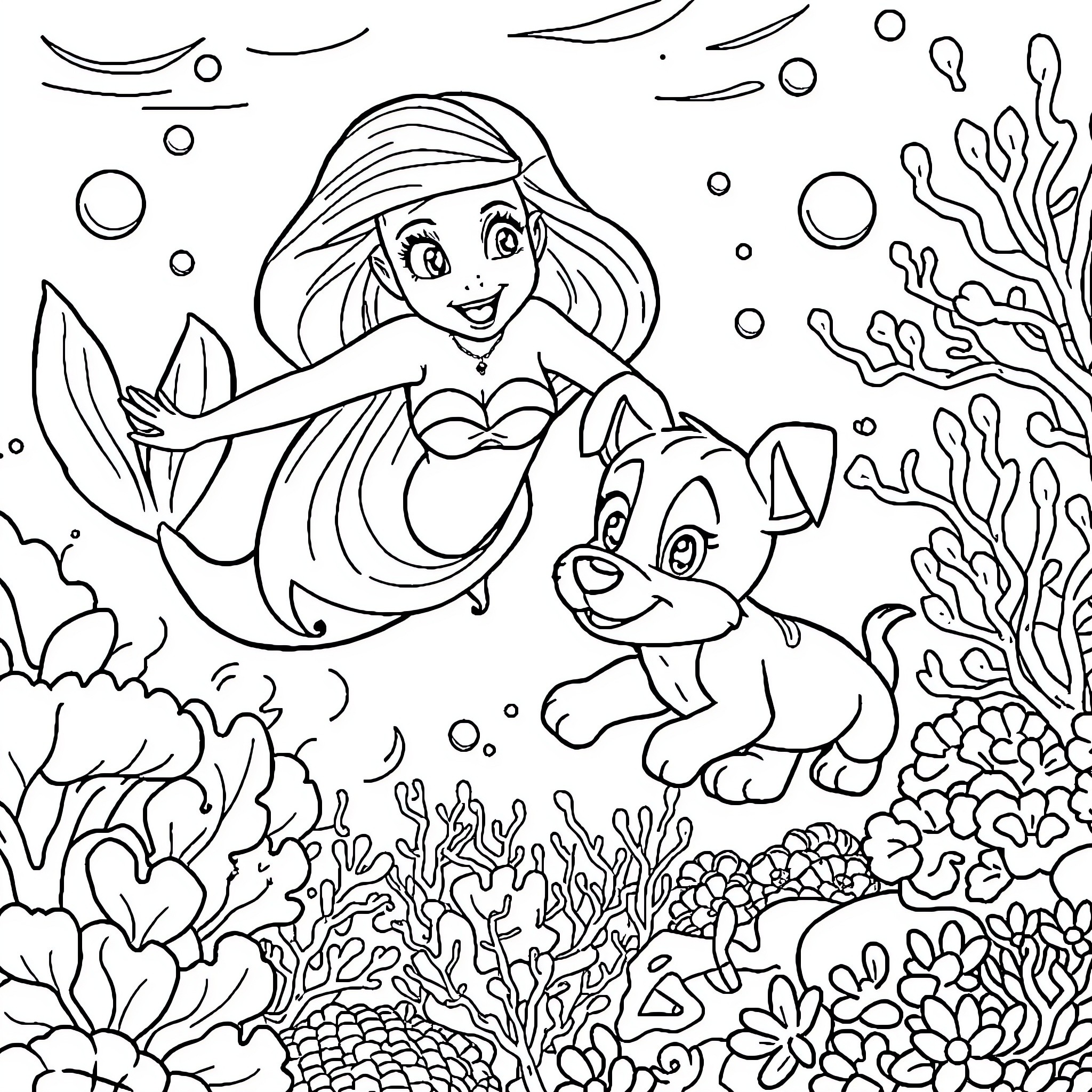 Ariel and Flounder Exploring the Underwater World Coloring Page (free black-and-white line drawing printable PDF for all, from beginners to advanced learners, including children, teens, adults, and seniors)
