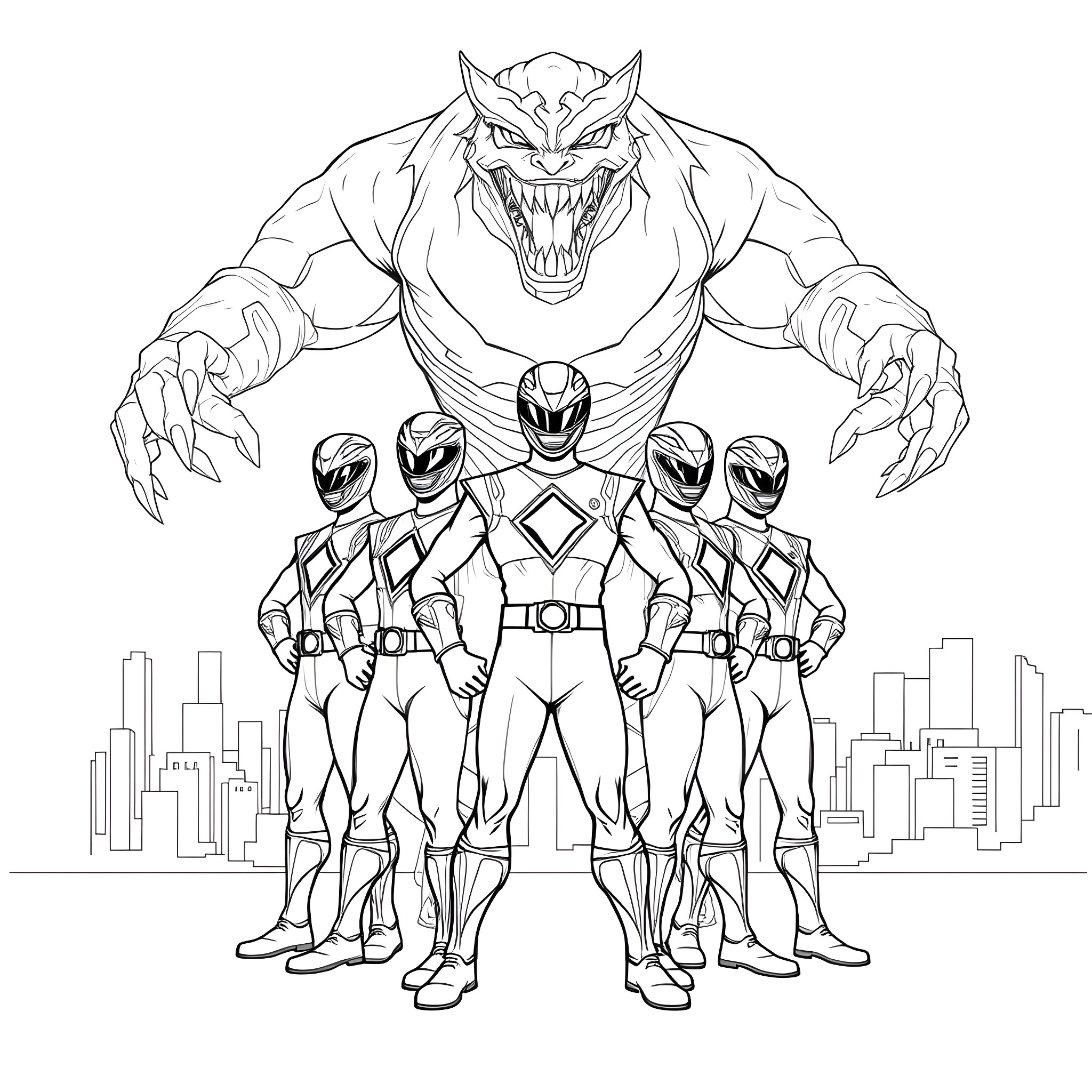 Power Rangers battling a monstrous villain in the city Coloring Page (free black-and-white line drawing printable PDF for all, from beginners to advanced learners, including children, teens, adults, and seniors)