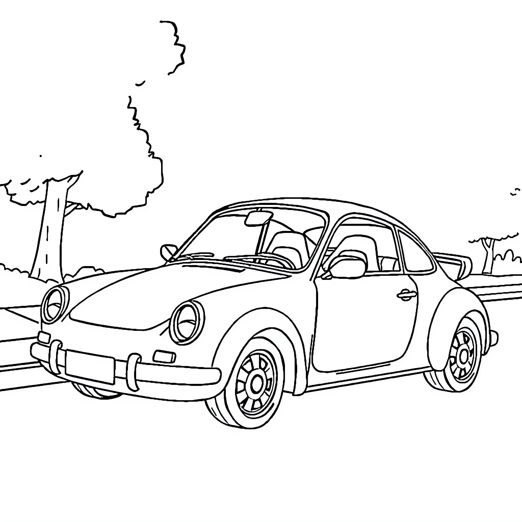 Voiture driving through scenic countryside Coloring Page (free black-and-white line drawing printable PDF for all, from beginners to advanced learners, including children, teens, adults, and seniors)
